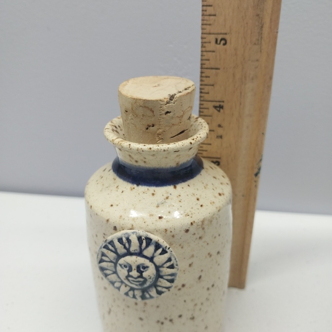 Vintage Celestial Sun Face Studio Art Pottery Bud Vase Bottle Cork Stopper 4.5″