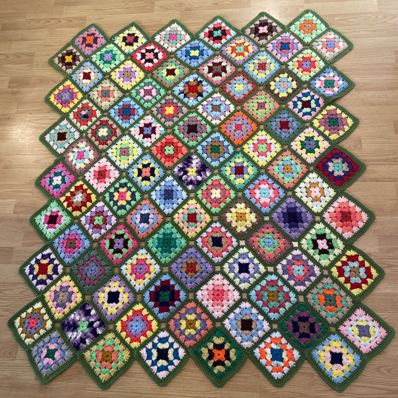 Vintage Crochet Afghan Roseanne Granny Square Throw Colorful Chunky Green Multi