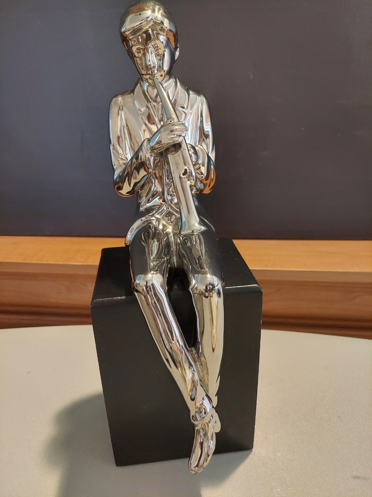 Musician Ceramic Silver Sculpture On A Black Resin Base Box – Trumpet Player is