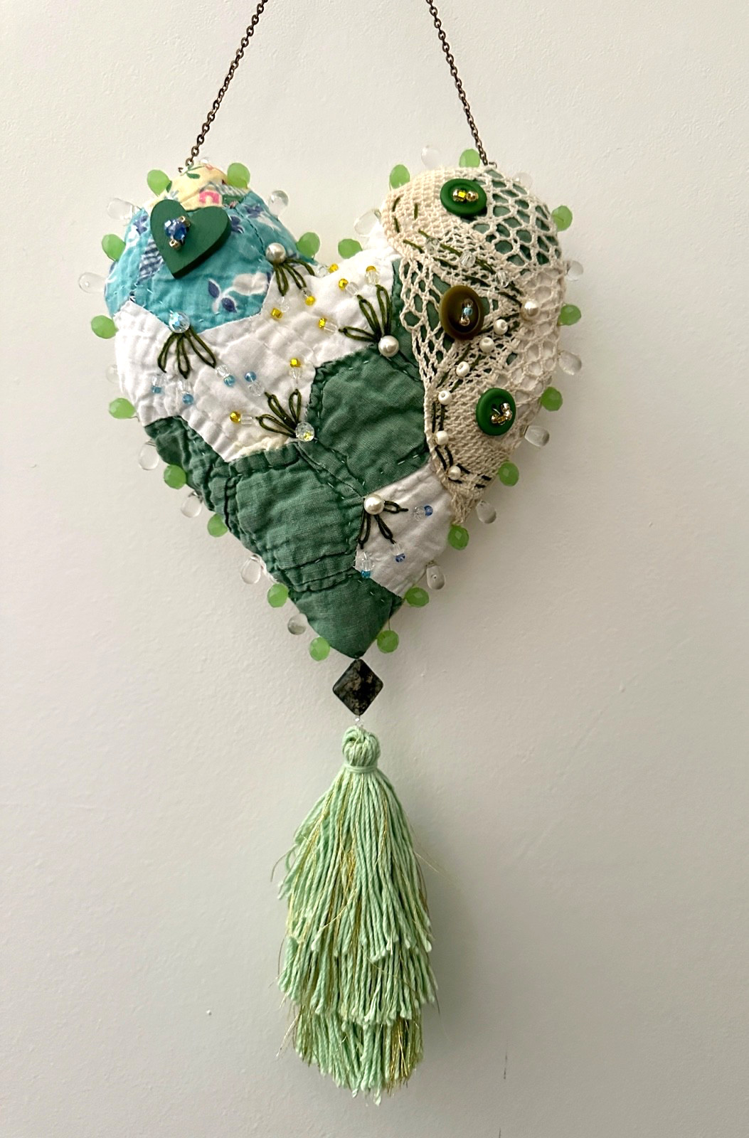HANGING HEART beaded *HANDMADE* from antique quilt, hand embroidered, tassel