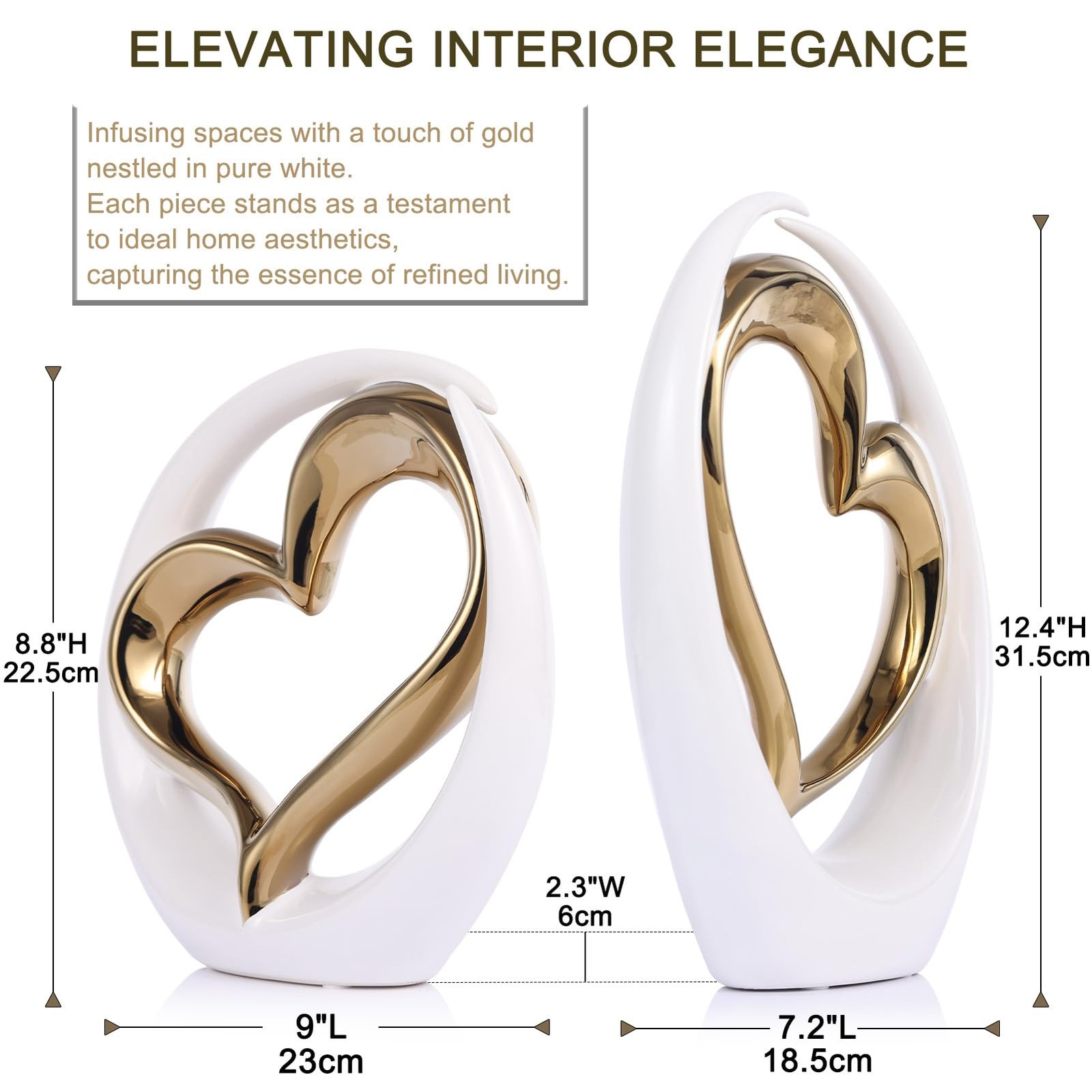 White and Gold Ceramic Statues, Abstract Heart Sculptures for Bedroom Decor, …