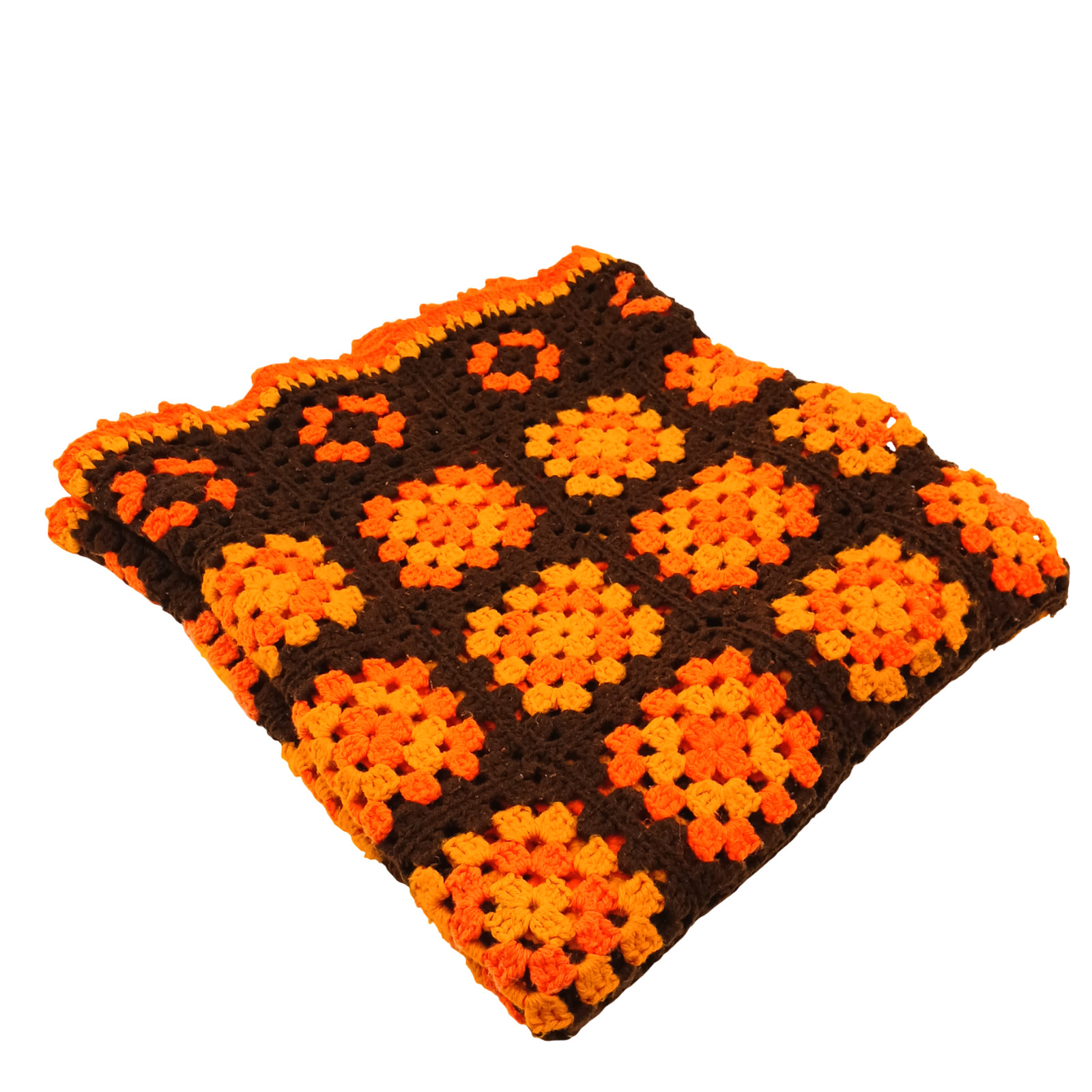 Granny Square Afghan Lap Throw Blanket Brown Yellow Orange Approx. 76”X 41”