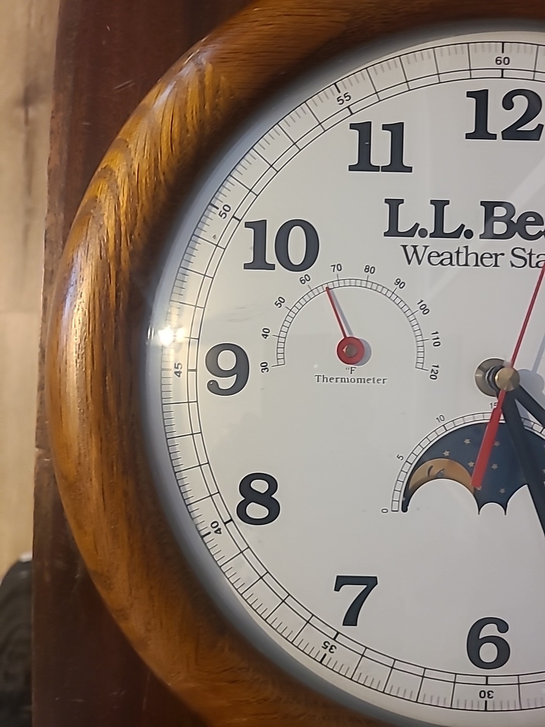 L.L. Bean Weather Station Wall Clock 11.5” Oak Frame Moon Thermometer Hygrometer