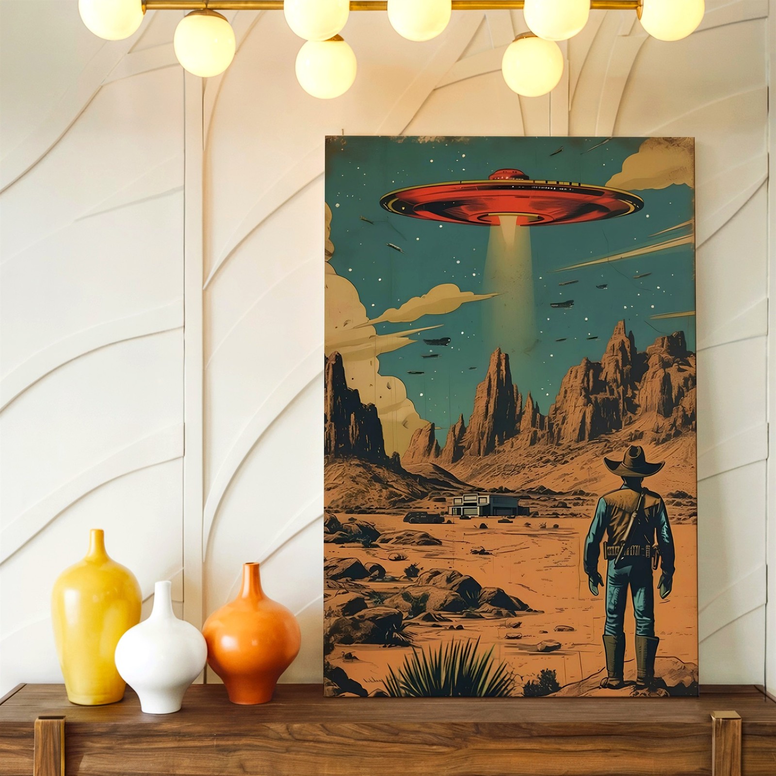 Wall Art Retro Sci Fi Desert Cowboy UFO Spaceship Poster Western Landscape Print