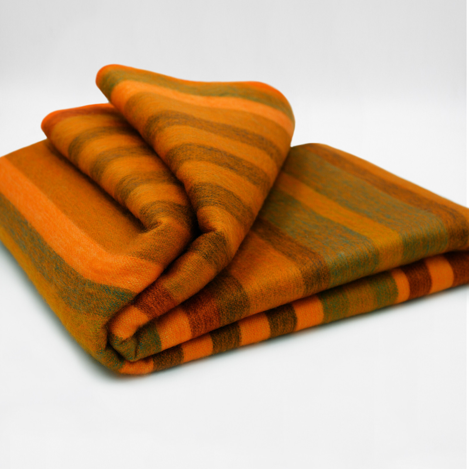 COZY STRIPED ALPACA WOOL BLANKET 96″ x 68″ – AQUATIC STRIPES IN ORANGE & GREEN