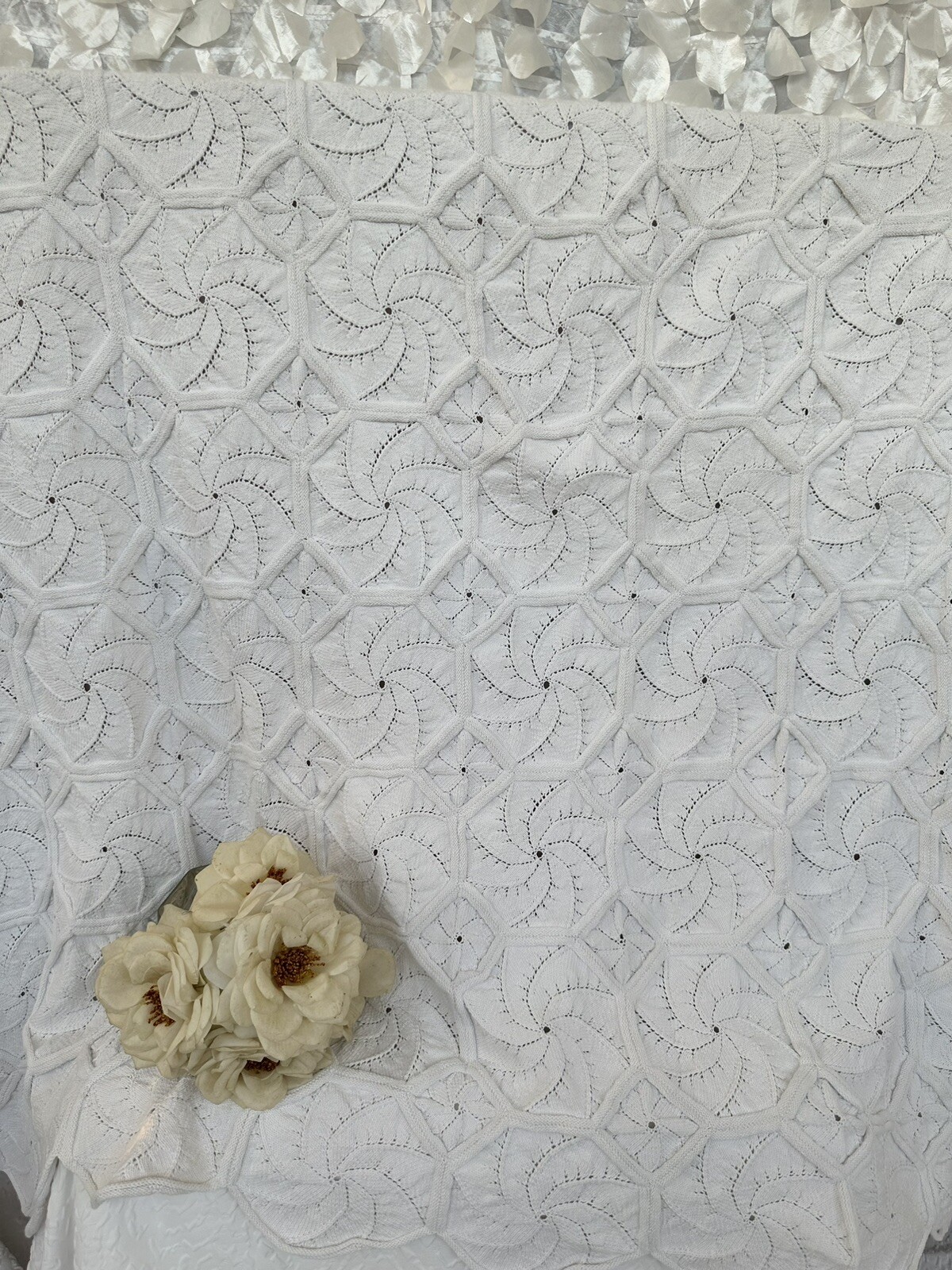 Handmade Crochet Cream 100% COTTON Afghan blanket Coastal Textured Pinwheel
