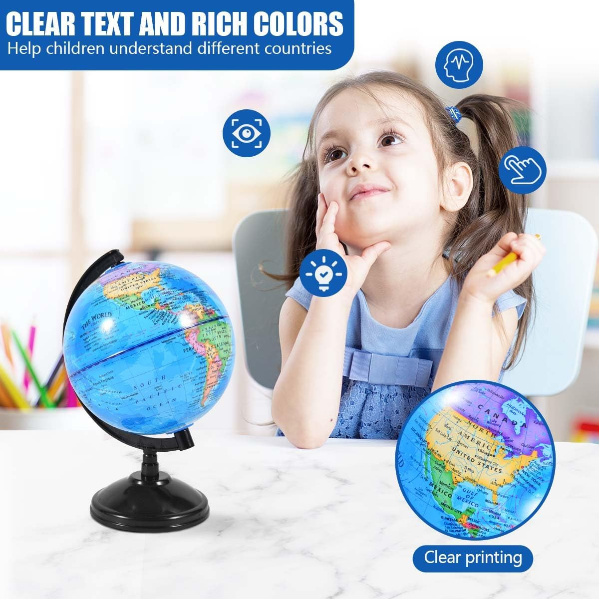 Rotating World Globe 6 Inch Spinning Earth Globe with Stand for Kids Learning Ge