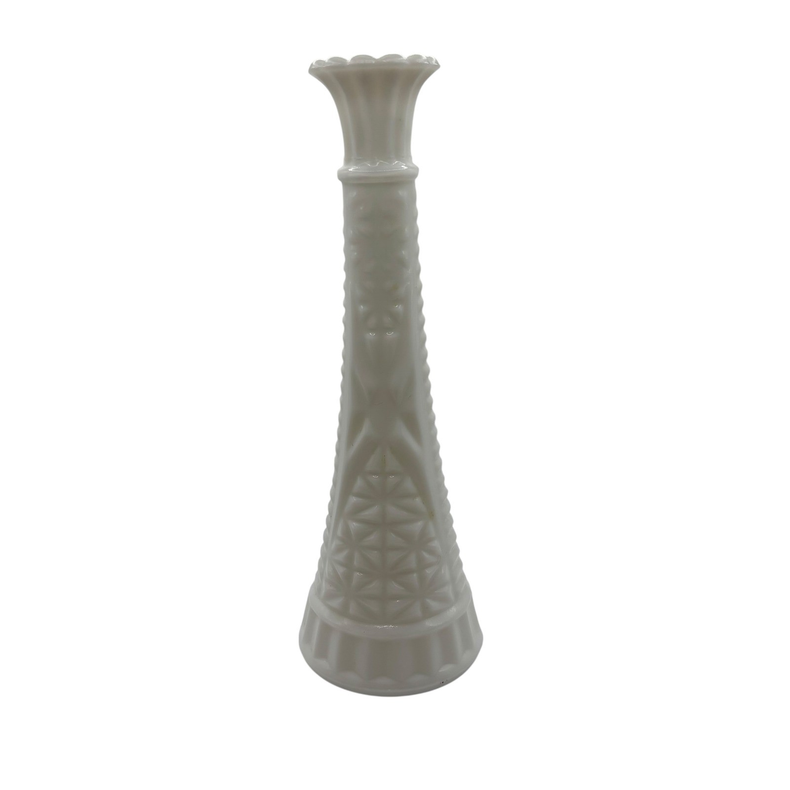 Vintage Milk Glass Bud Vase Geometric Pattern Textured Floral Rim 9 Inch