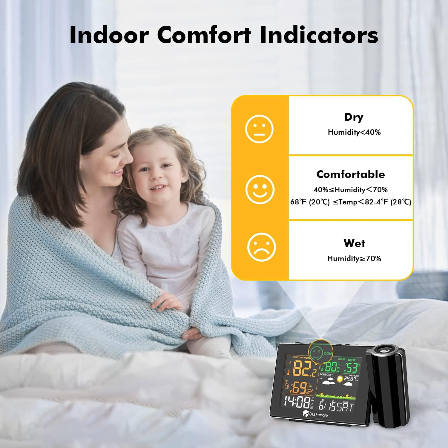 Projection Alarm Clock, Adjustable Projection Focus, Wireless Indoor Outdoor Tem