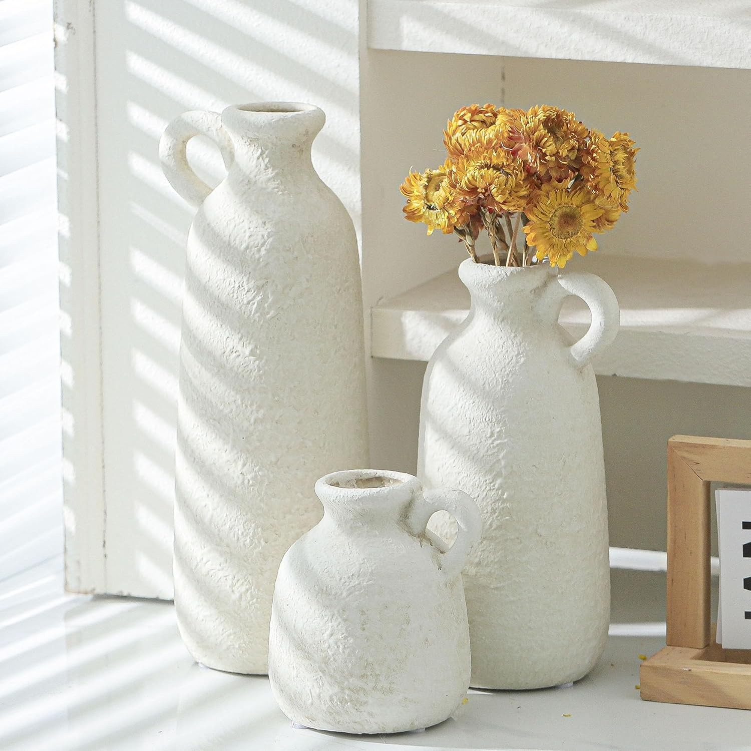 Vase Set of 3 with Handle, Neutral Rustic Vases Home Decor Farmhouse