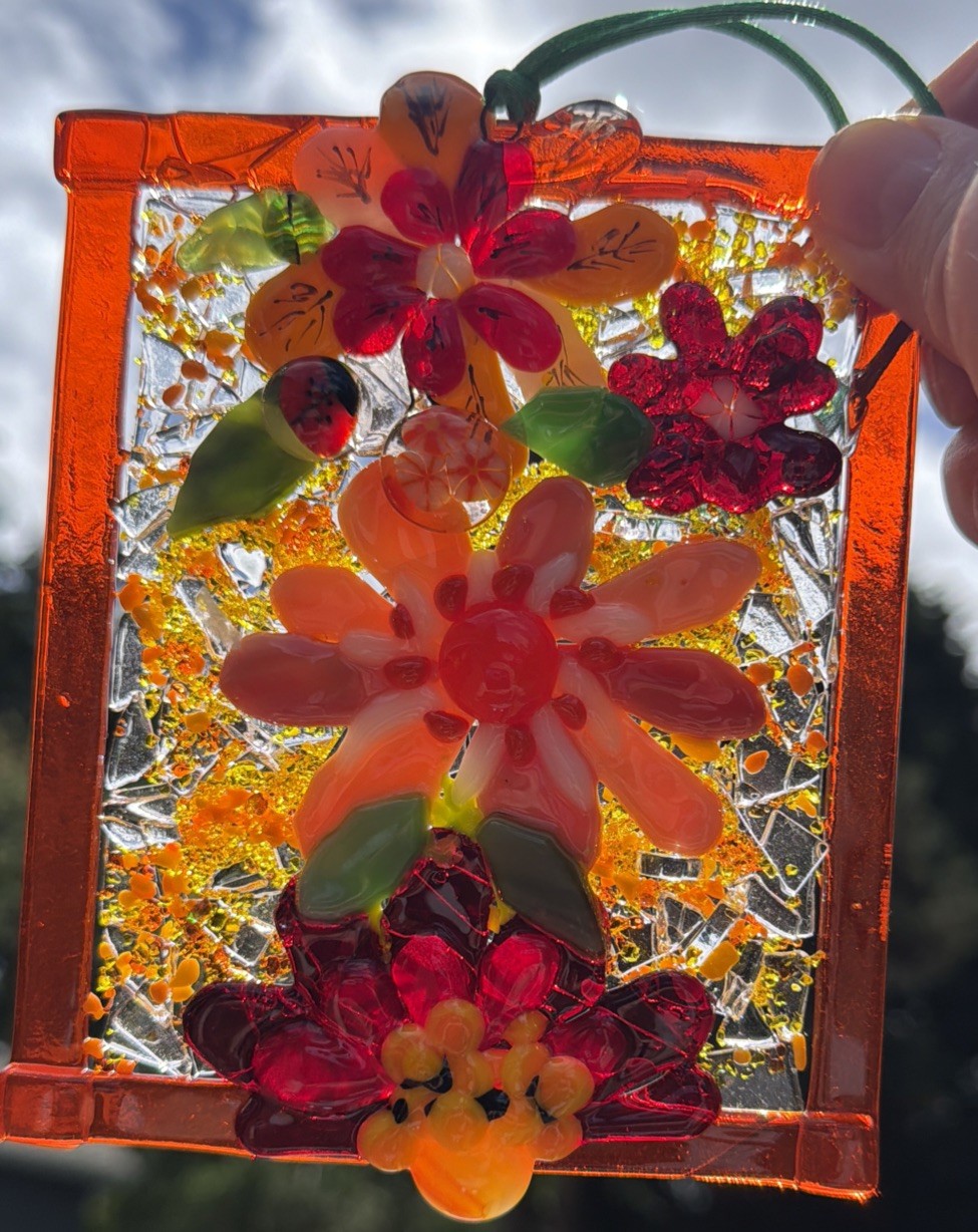 Fused Glass Handmade Flowered Rectangular Multicolor Sun Catcher Signed