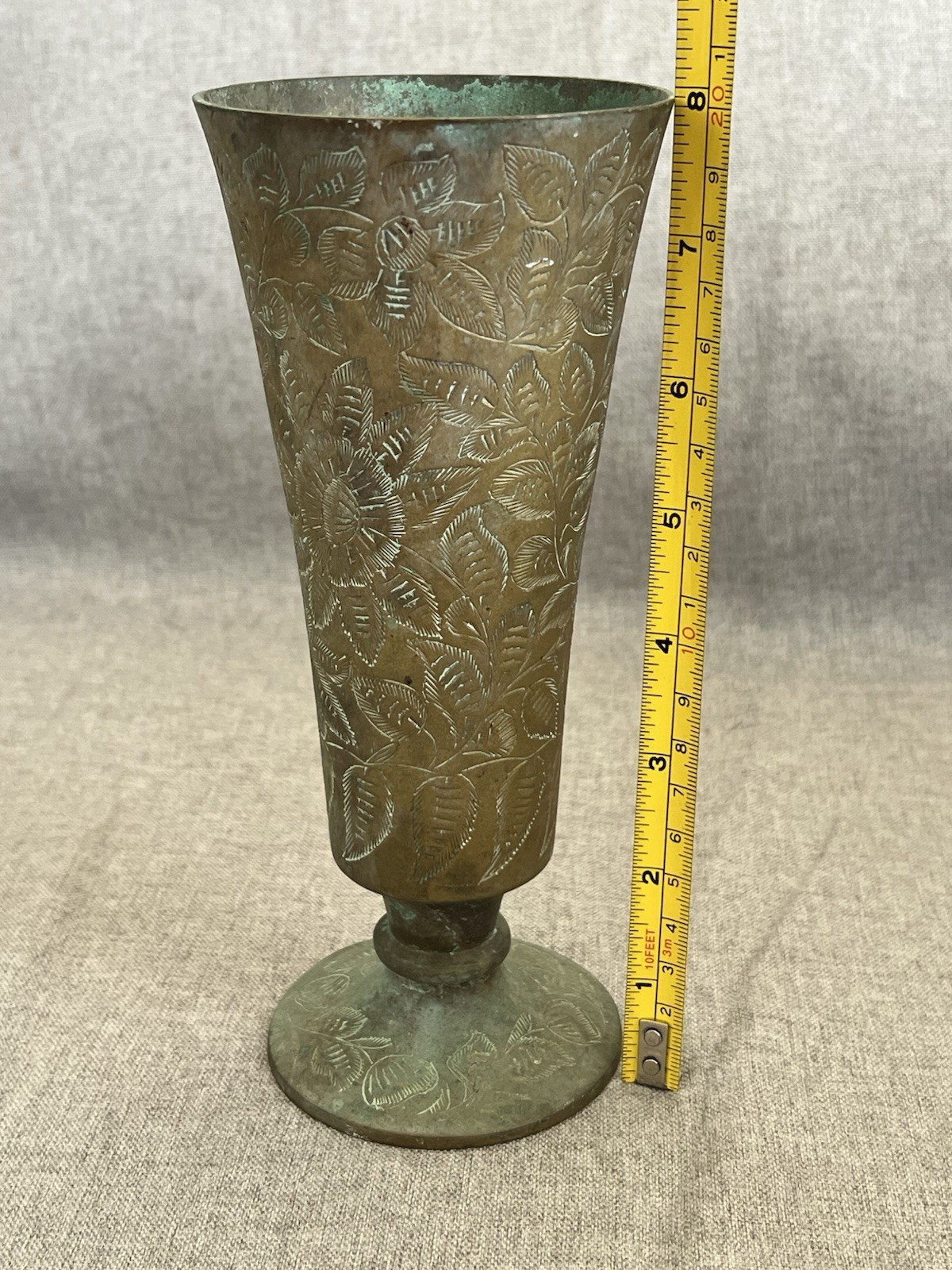 Vintage Etched Brass Vase Floral Engraved Trumpet Vase Footed Metal Vase 8″
