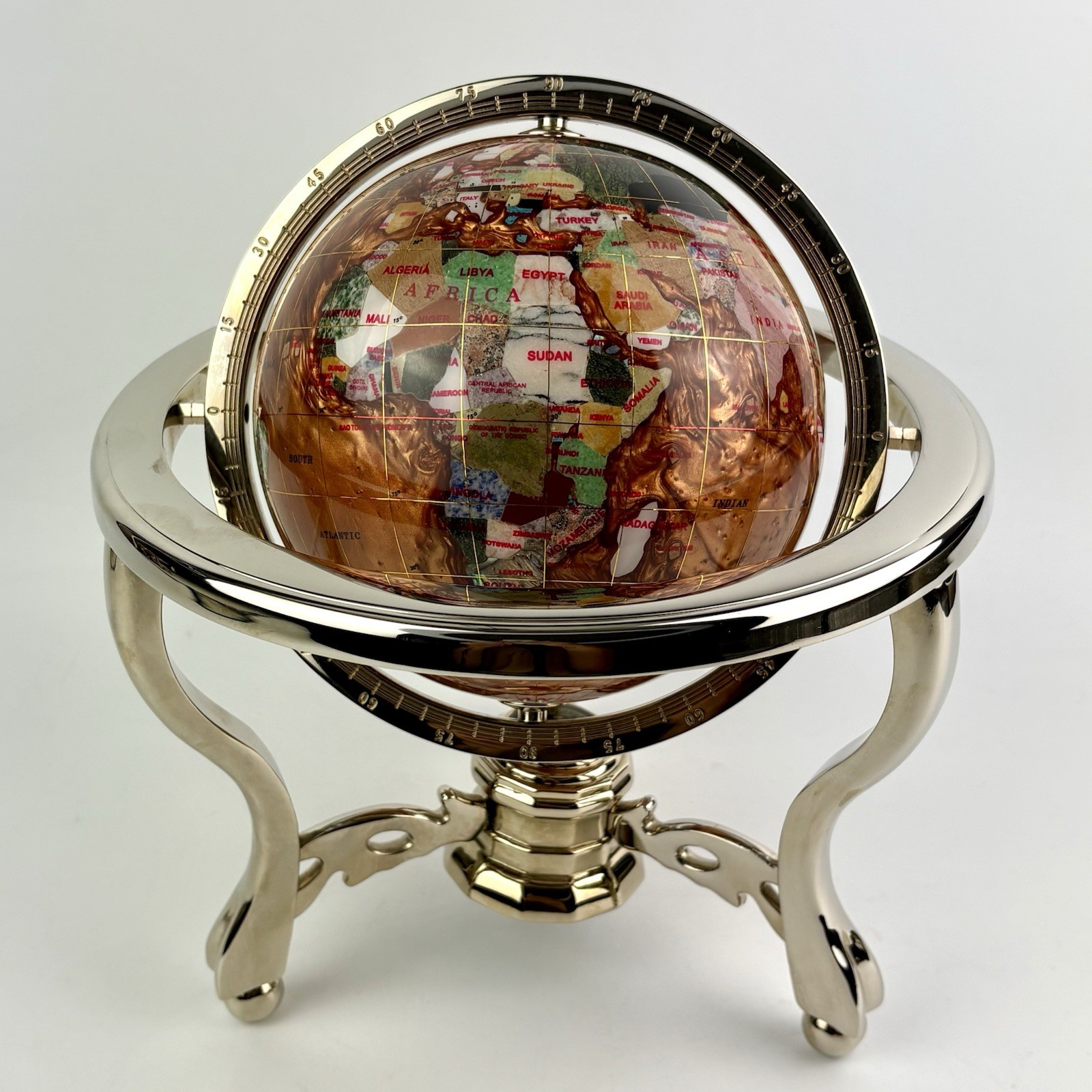 Vtg Kalifano Rotating Copper Amber Opalite Gemstone Globe Silver Stand