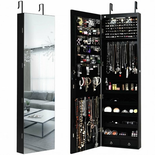 Wall and Door Mounted Mirrored Jewelry Cabinet with Lights-Black – Color: Black
