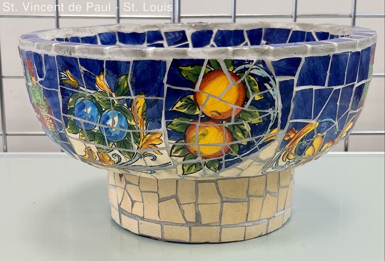 Blue Mosaic Ceramic Decorative Tile Pedestal Bowl Parrot Fruit Motif