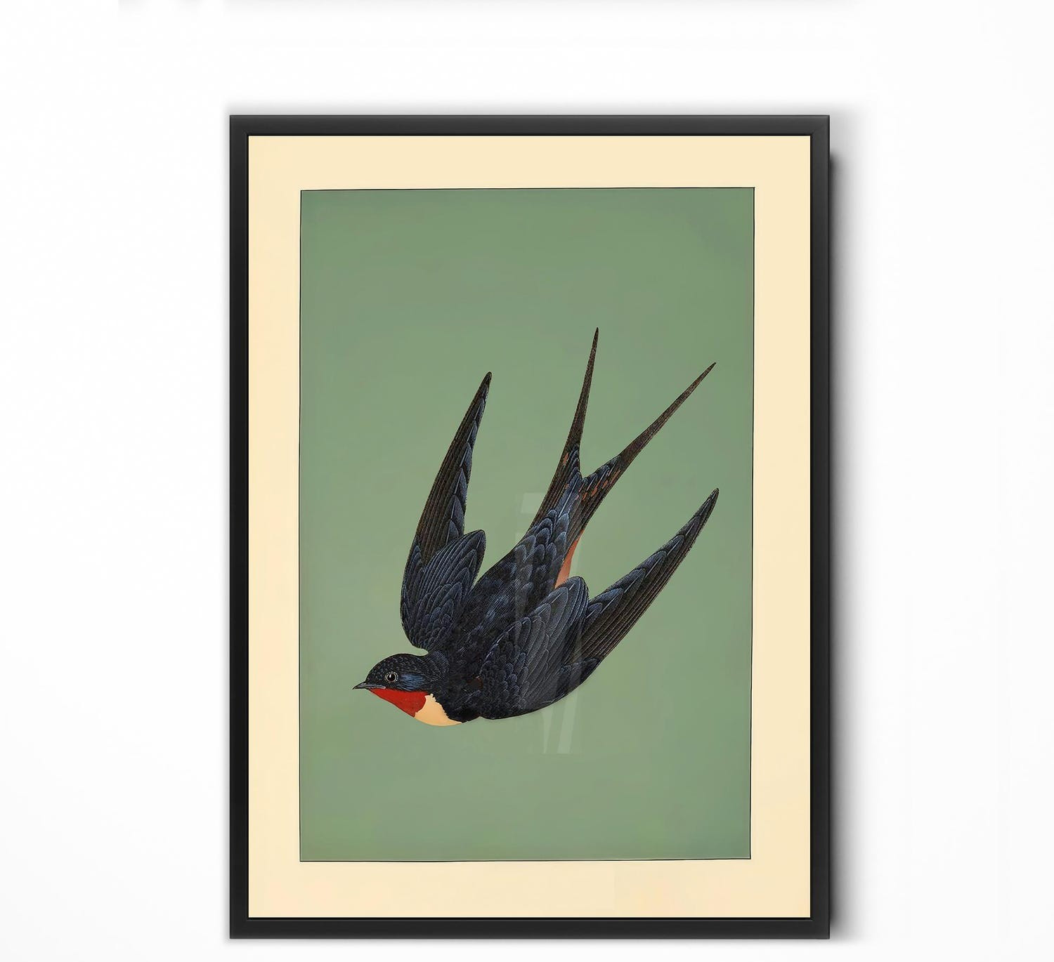 Vintage Swallow Bird Art, Framed Lithograph Print, Art Deco Wall Poster