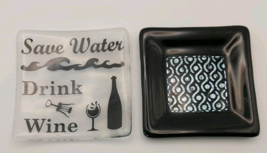 Handcrafted Fused Glass Decorative Plates –Black/Silver & “Save Water Drink Wine