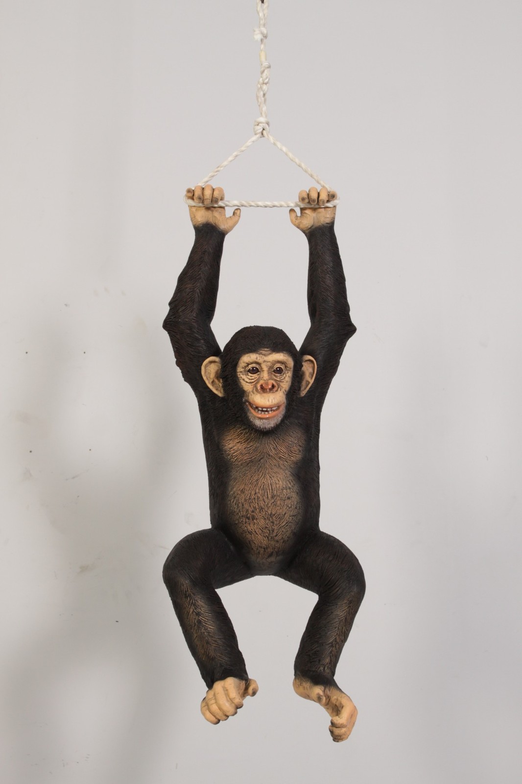 Realistic Chimpanzee Monkey Hanging From Rope With Two Hands Life Size Statue