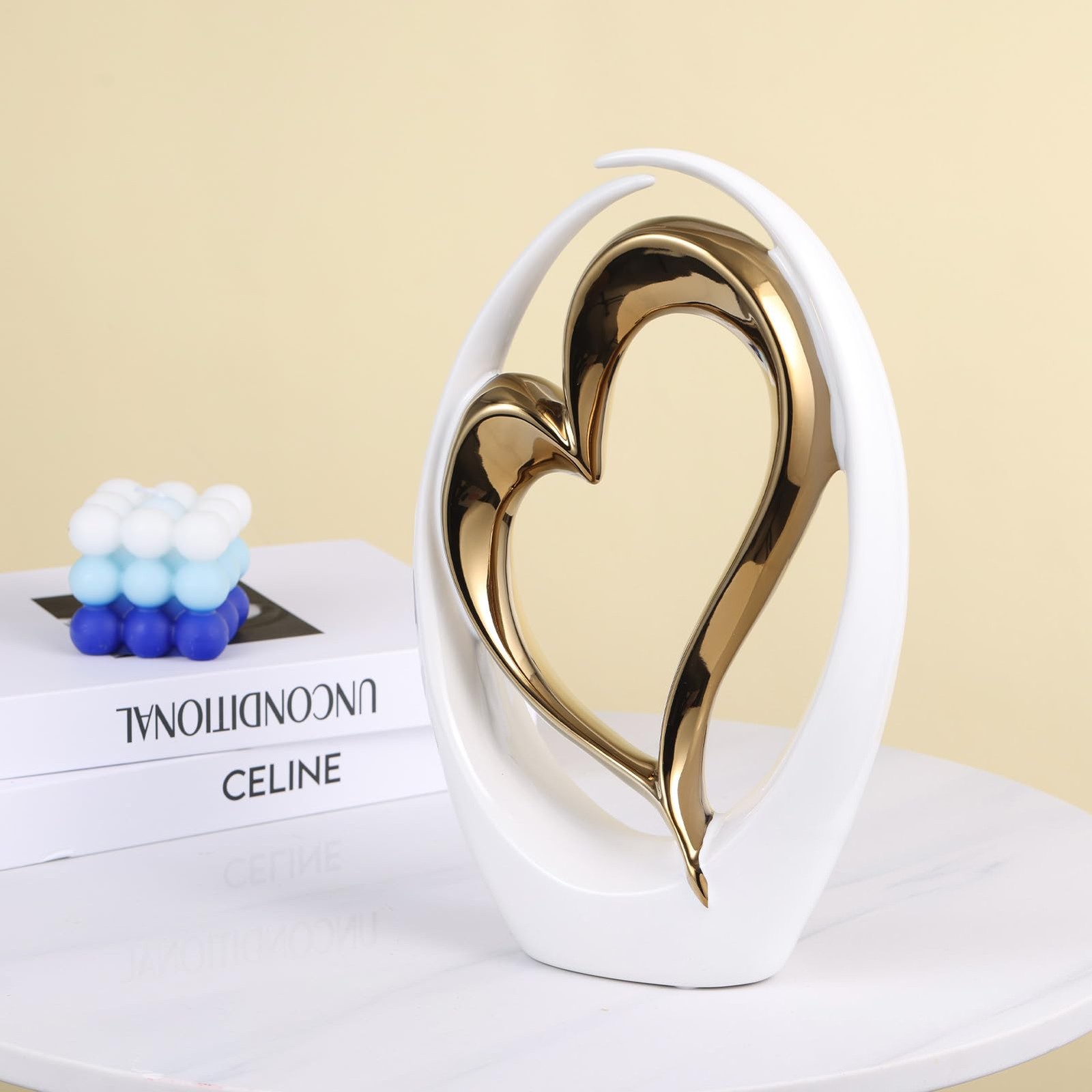 White and Gold Ceramic Statues, Abstract Heart Sculptures for Bedroom Decor, …