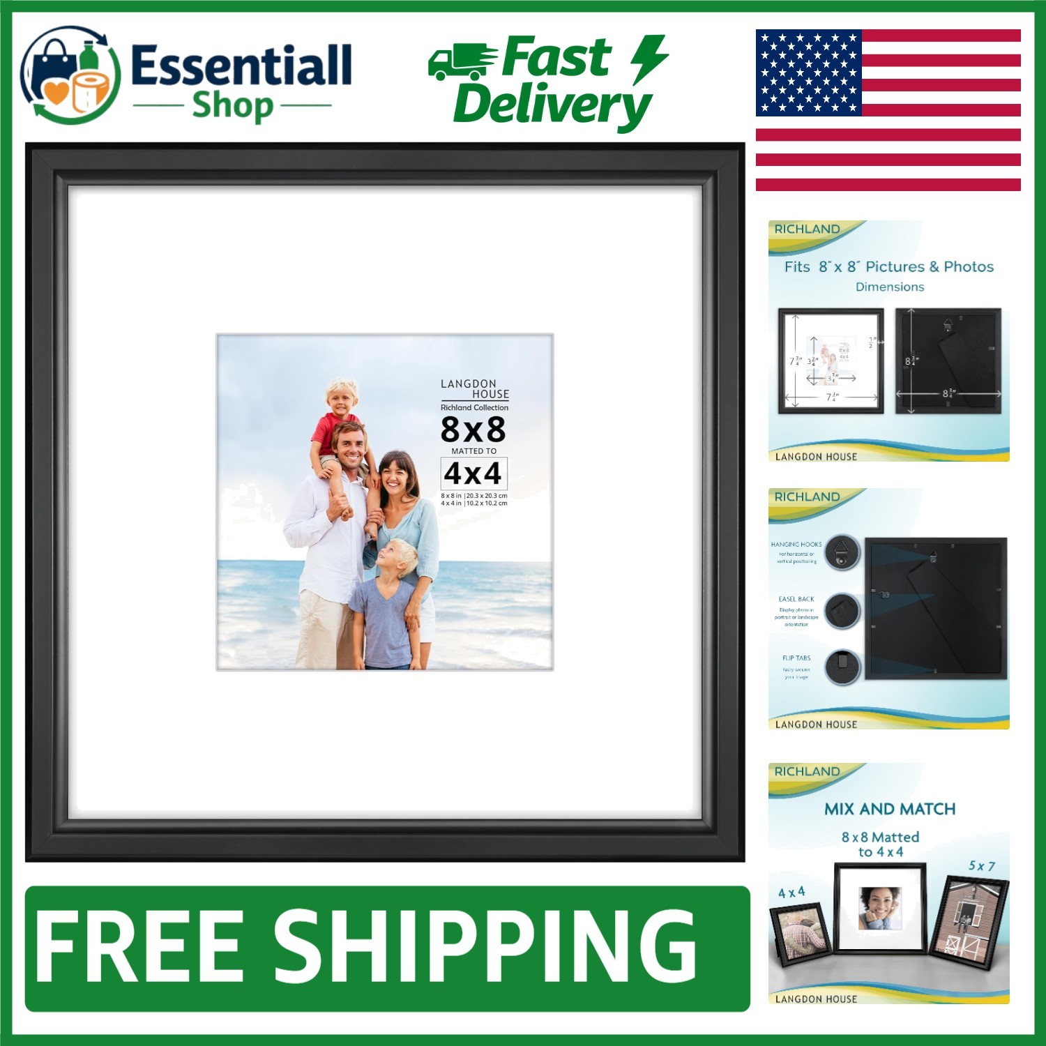 8×8 Elegant Black Picture Frame with Mat for 4×4 Images – Modern Sophistication