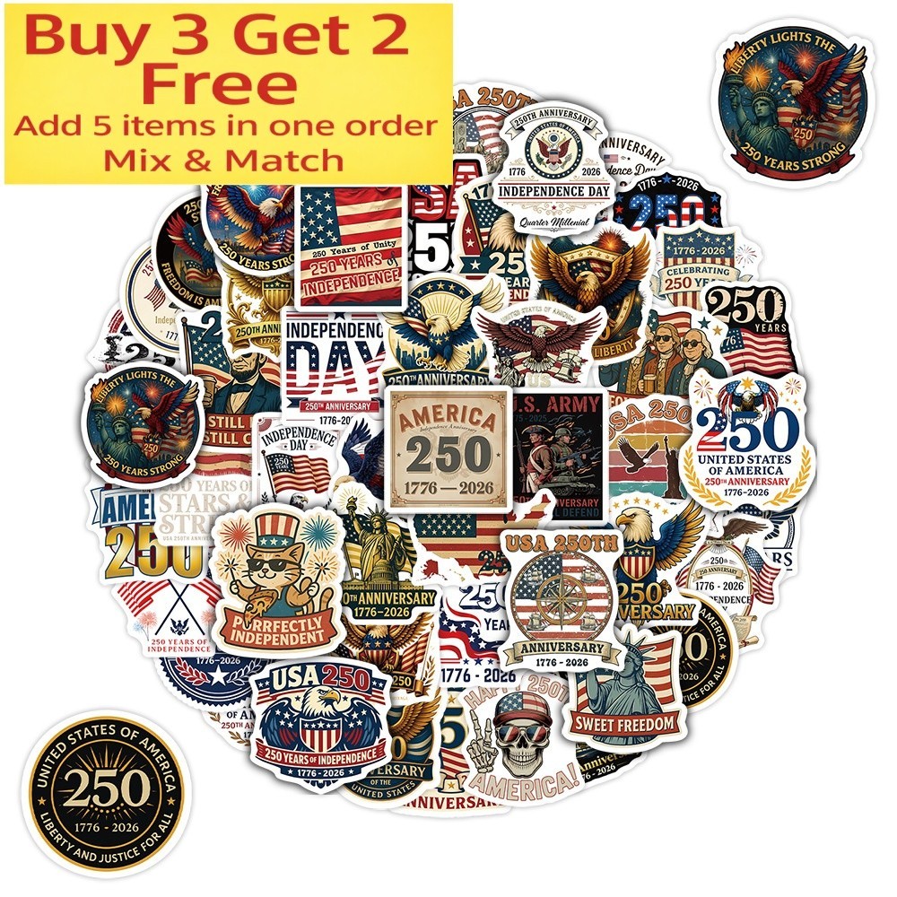 50 pcs Waterproof Vinyl Stickers USA 250th Anniversary Window Auto Luggage Phone