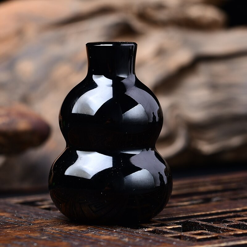 1pc Natural Obsidian Gourd Office Tabletop Lucky Ornament Blessing Crystal Shiny