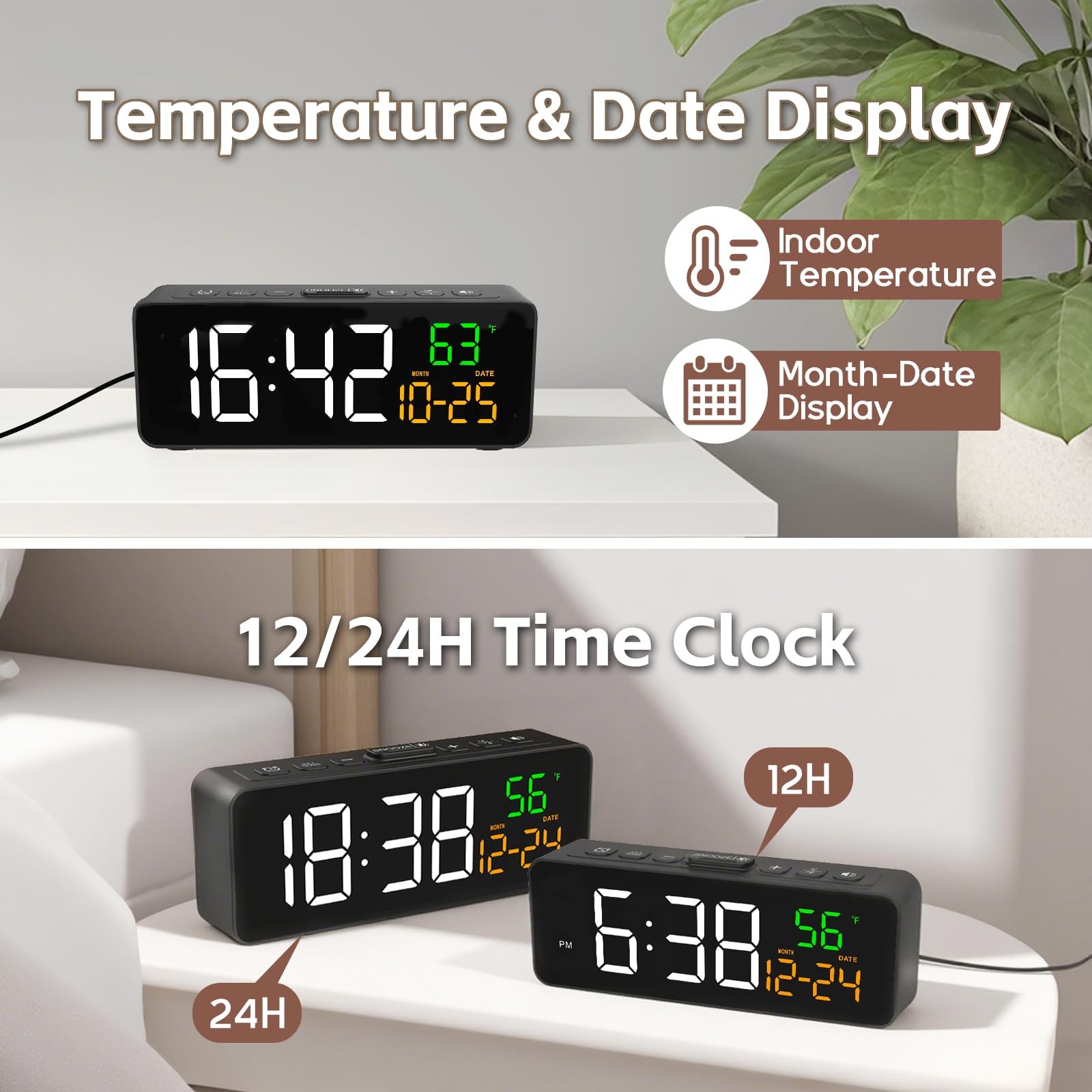 3-in-1 Digital Clocks for Living Room with Temperature, Date & Time Display -…