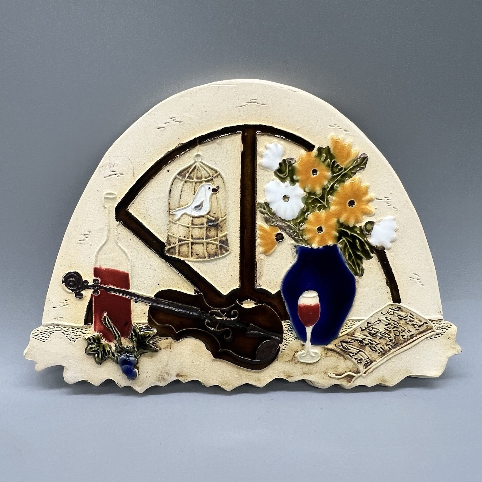 Decor Kitchen Textured Stone Wall Art Plaque Wine Flowers Violin Mediterranean
