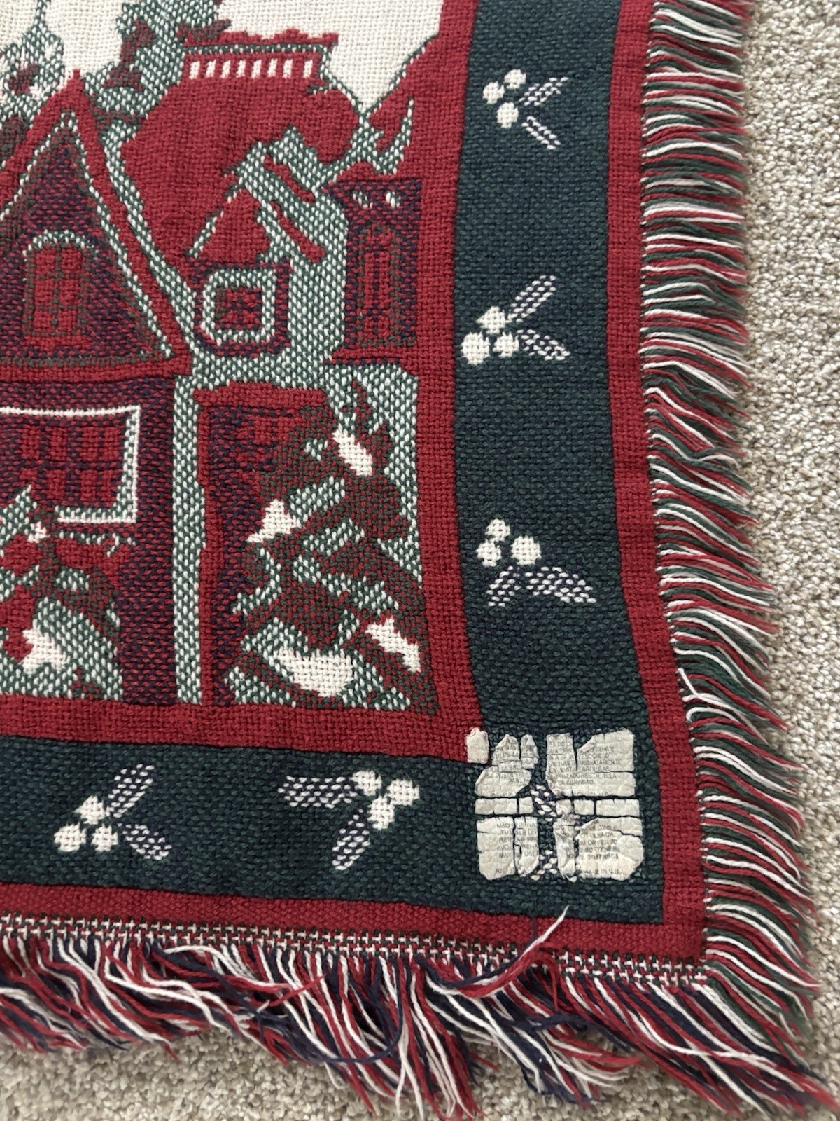 Vintage 90s Christmas Woven Tapestry Throw Blanket Santa Sleigh Reindeer 48×66