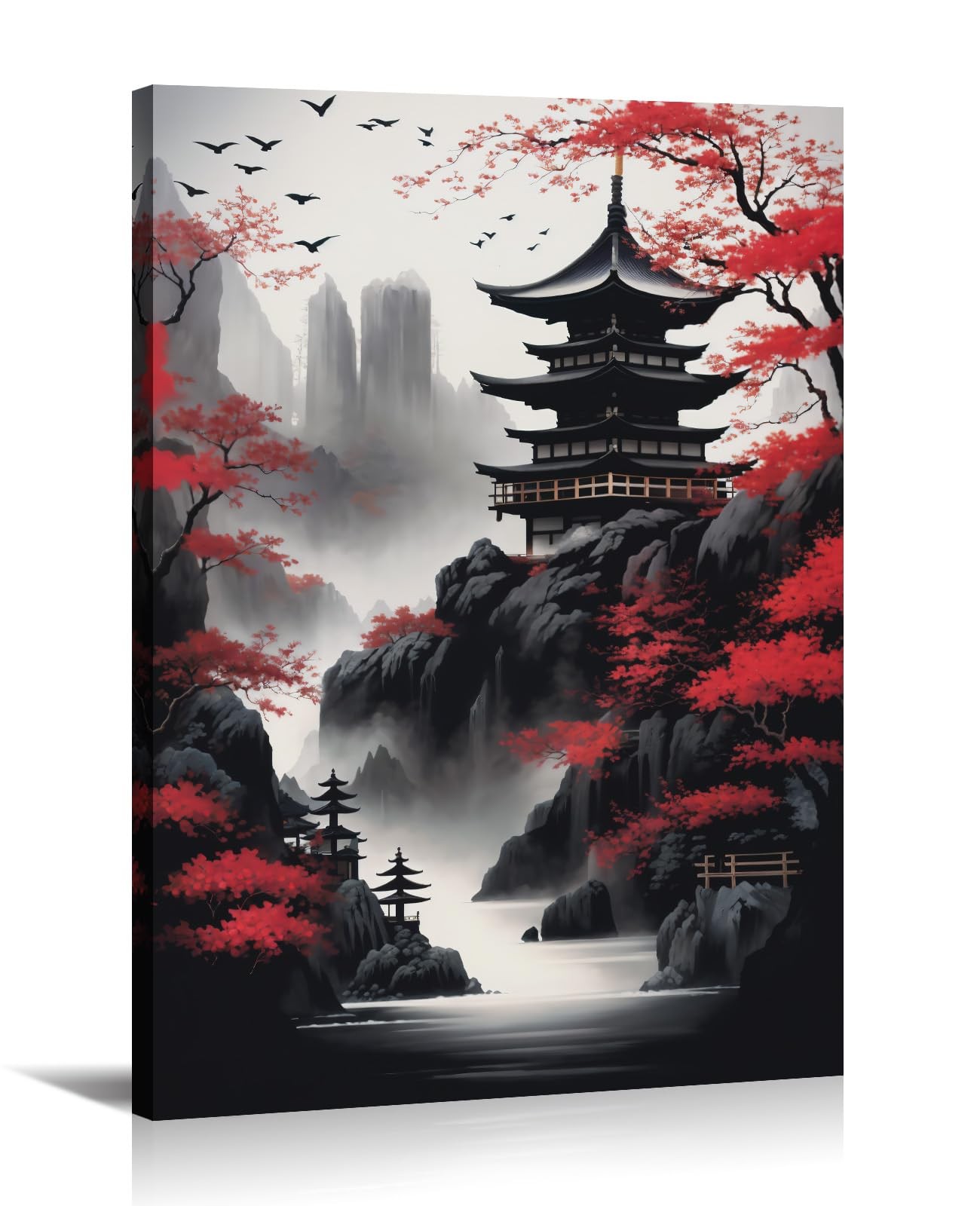 Japanese Wall Art Asian Landscape Canvas Prints Red and Black Cherry Blossom …