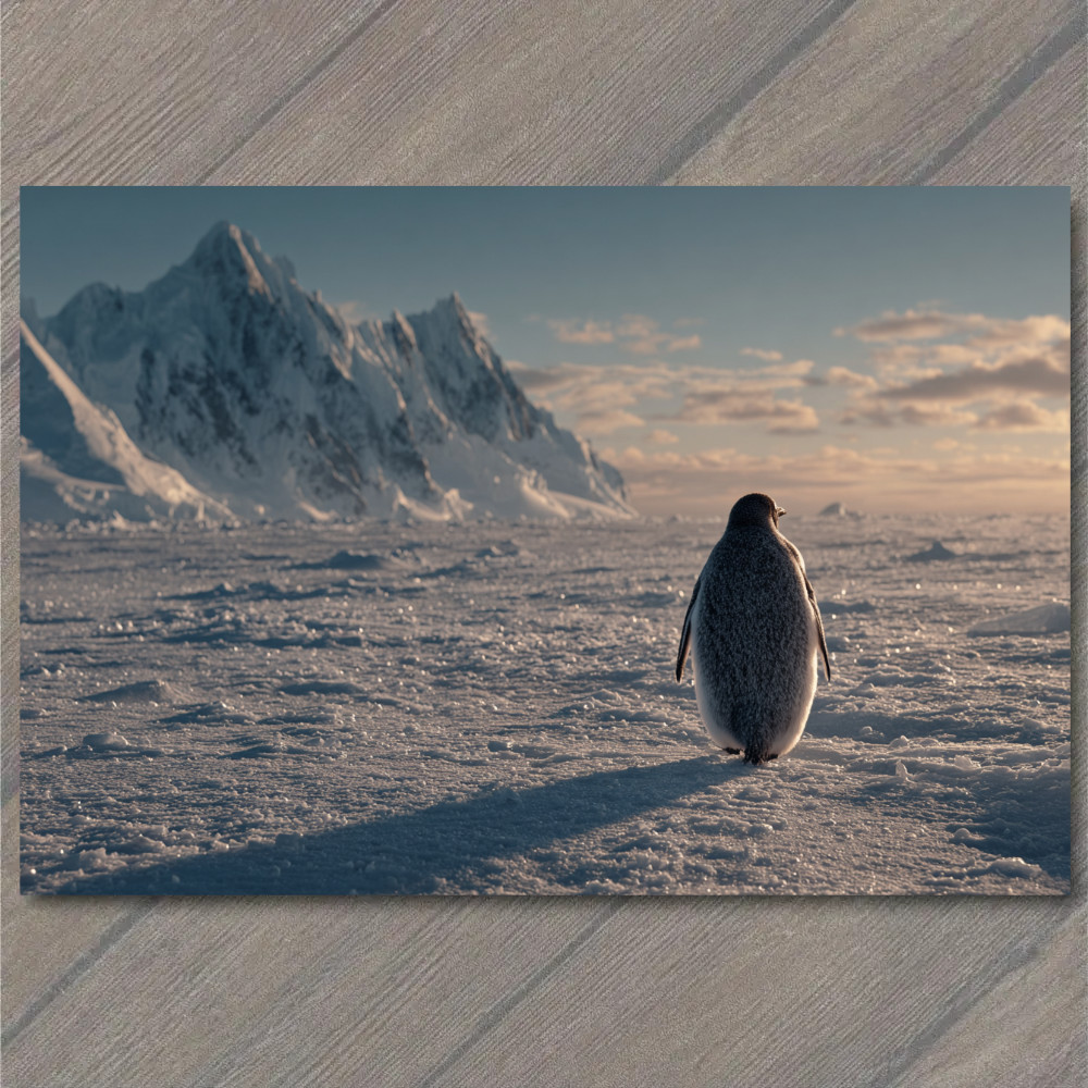 Art Print Lone Penguin Antarctic Ice Field Mountain Peaks Sunset Sky Glow