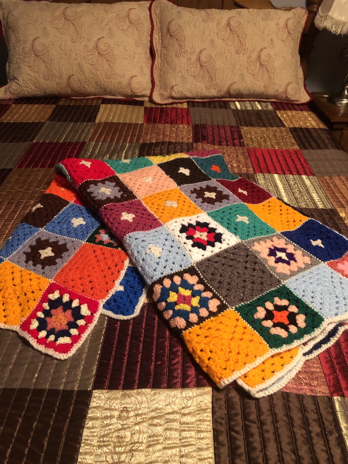 6780 ROSANNE Hand Crocheted Throw Spread Afghan Colorful Granny Square 58” X 76”
