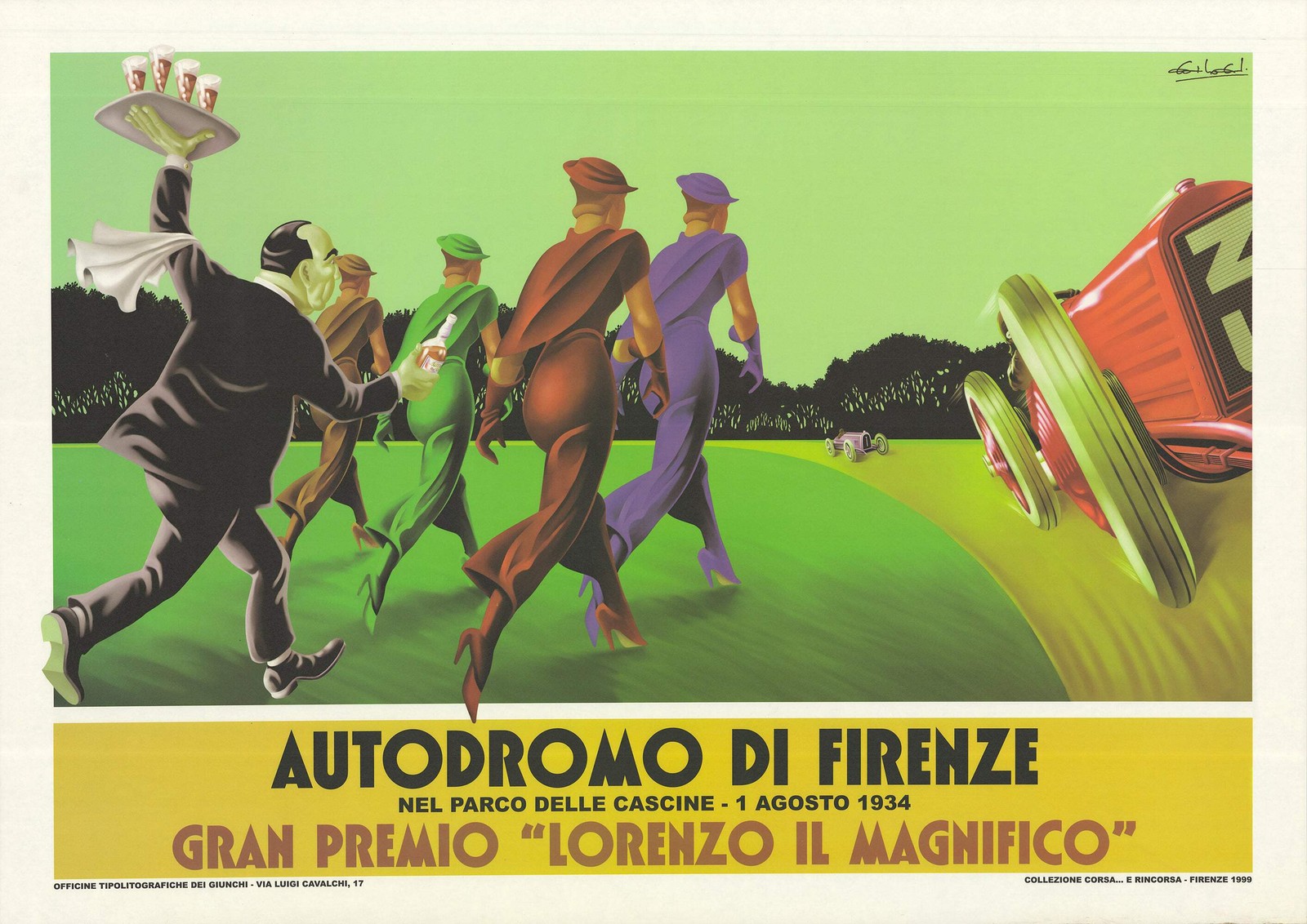 UNKNOWN ARTIST Autodromo di Firenze 34″ x 47.75″ Offset Lithograph 1999 Vintage