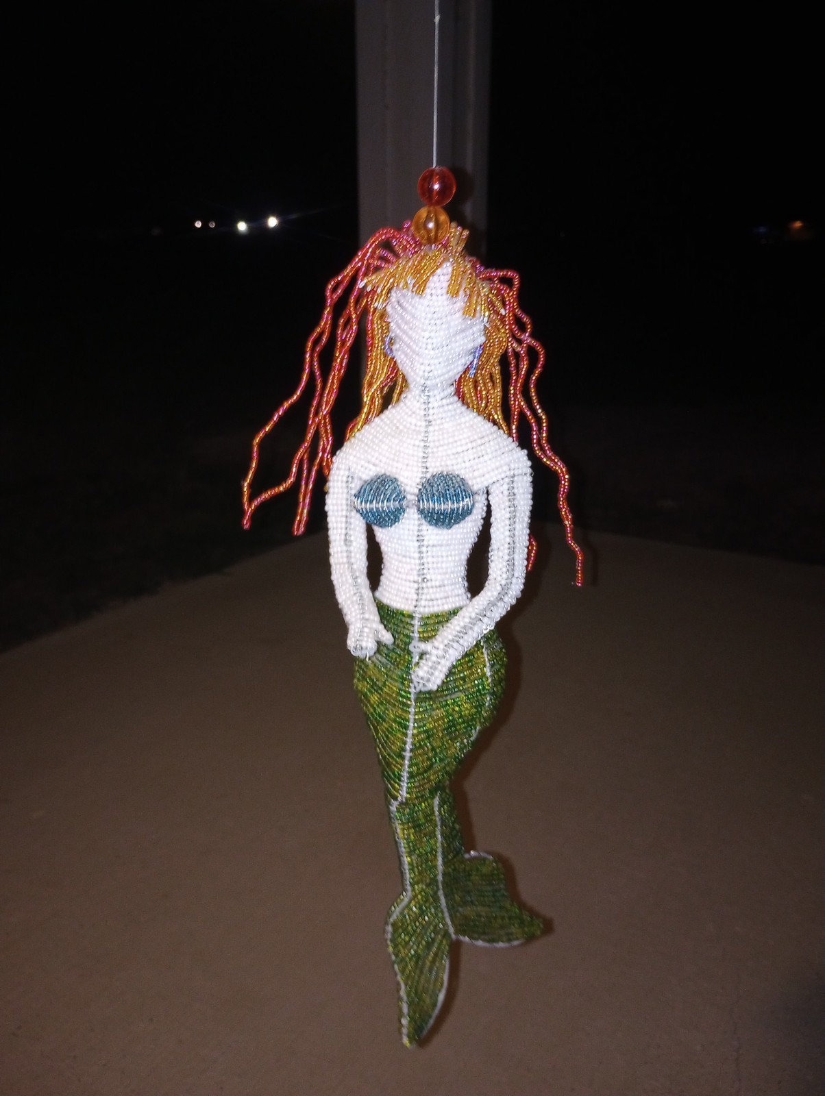 Beaded Mermaid Hanging Sculpture Red Hair 14″ VG Handmade 4.5″ Hanger Vintage