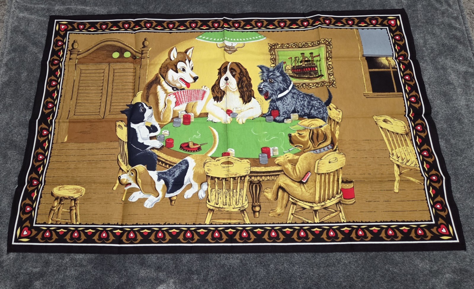 VTG Dogs Playing Poker Tapestry Wall Hanging Made In Turkey 100% Cotton 54×35″