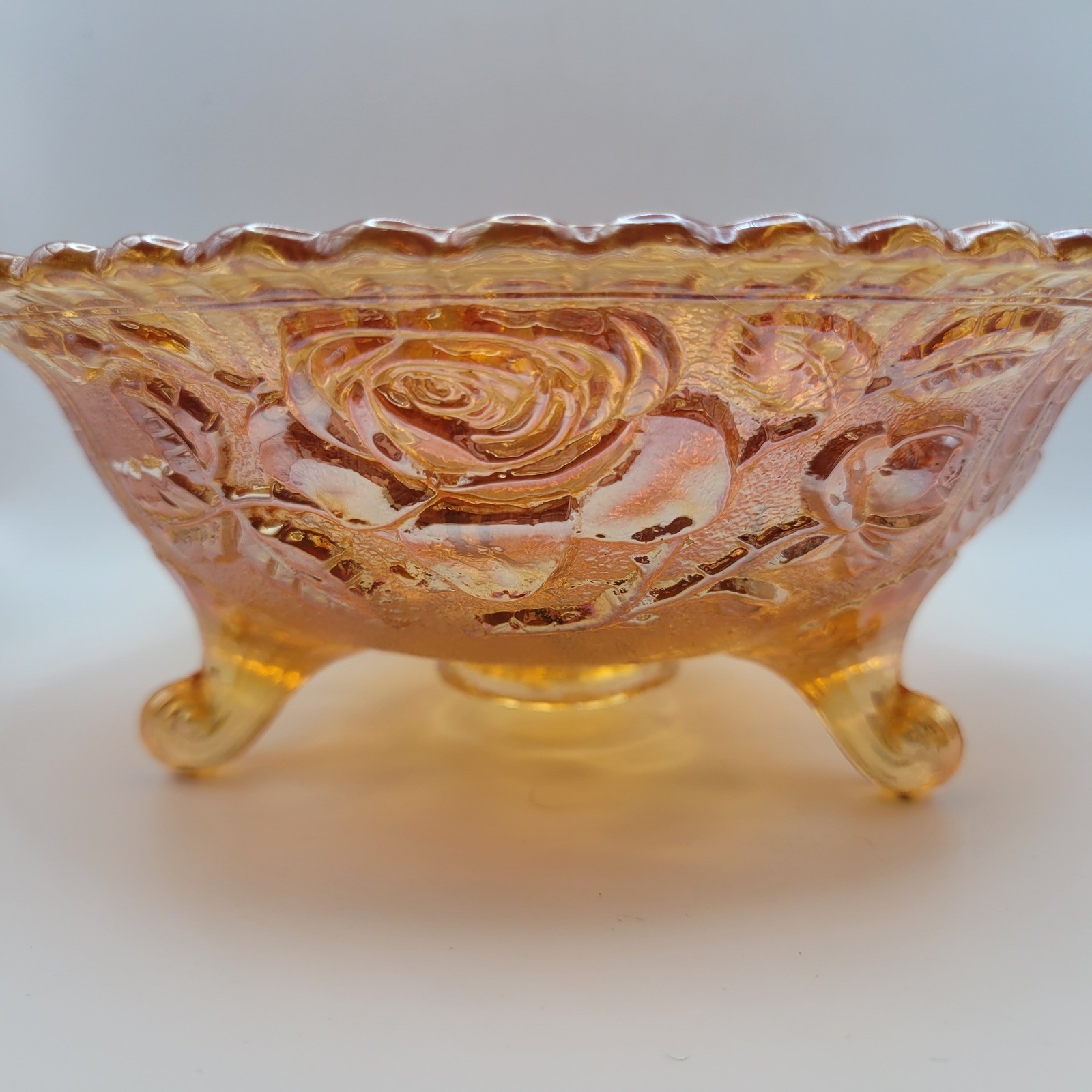 Orange Amber Glass Rose Carnival Glass Footed Bowl Iridescent 8 inch
