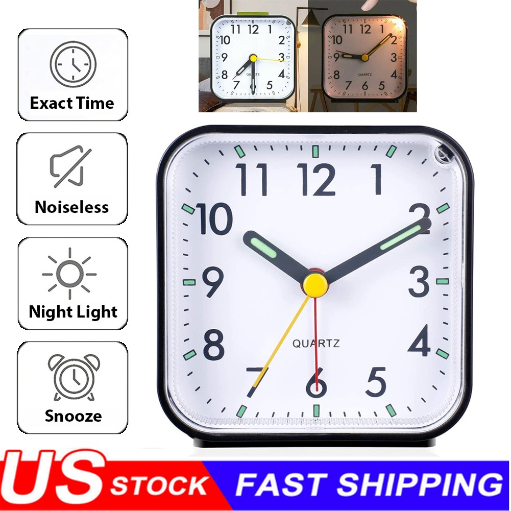 LED Desk Alarm Clock Nightlight Snooze Quiet Non Ticking Battery Powered Bedroom