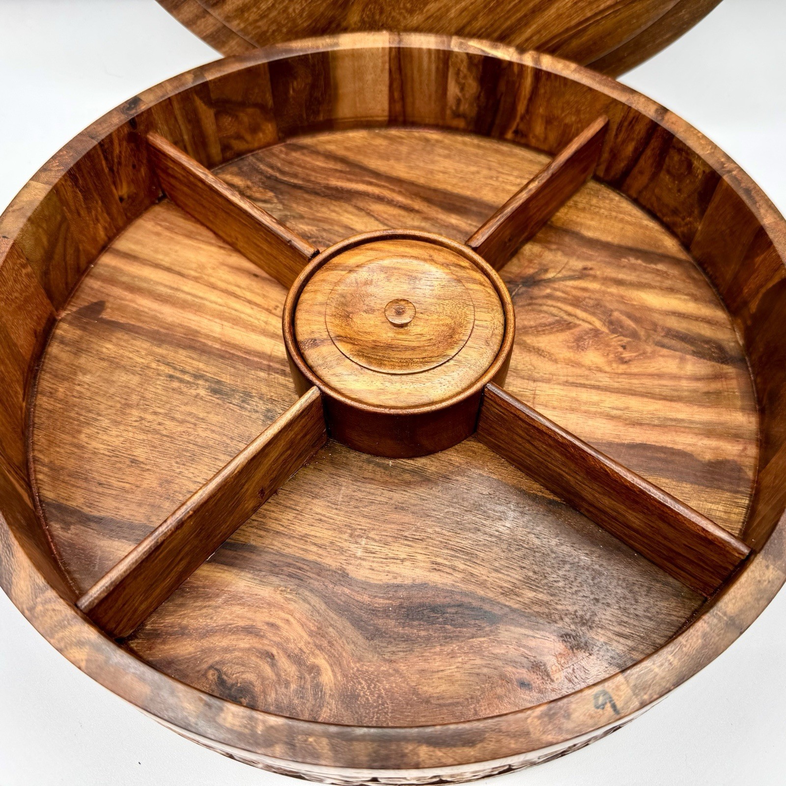 Decorative Pakistani Hand Carved 5 Compartment Lidded Wood Bowl Floral, 11.5″