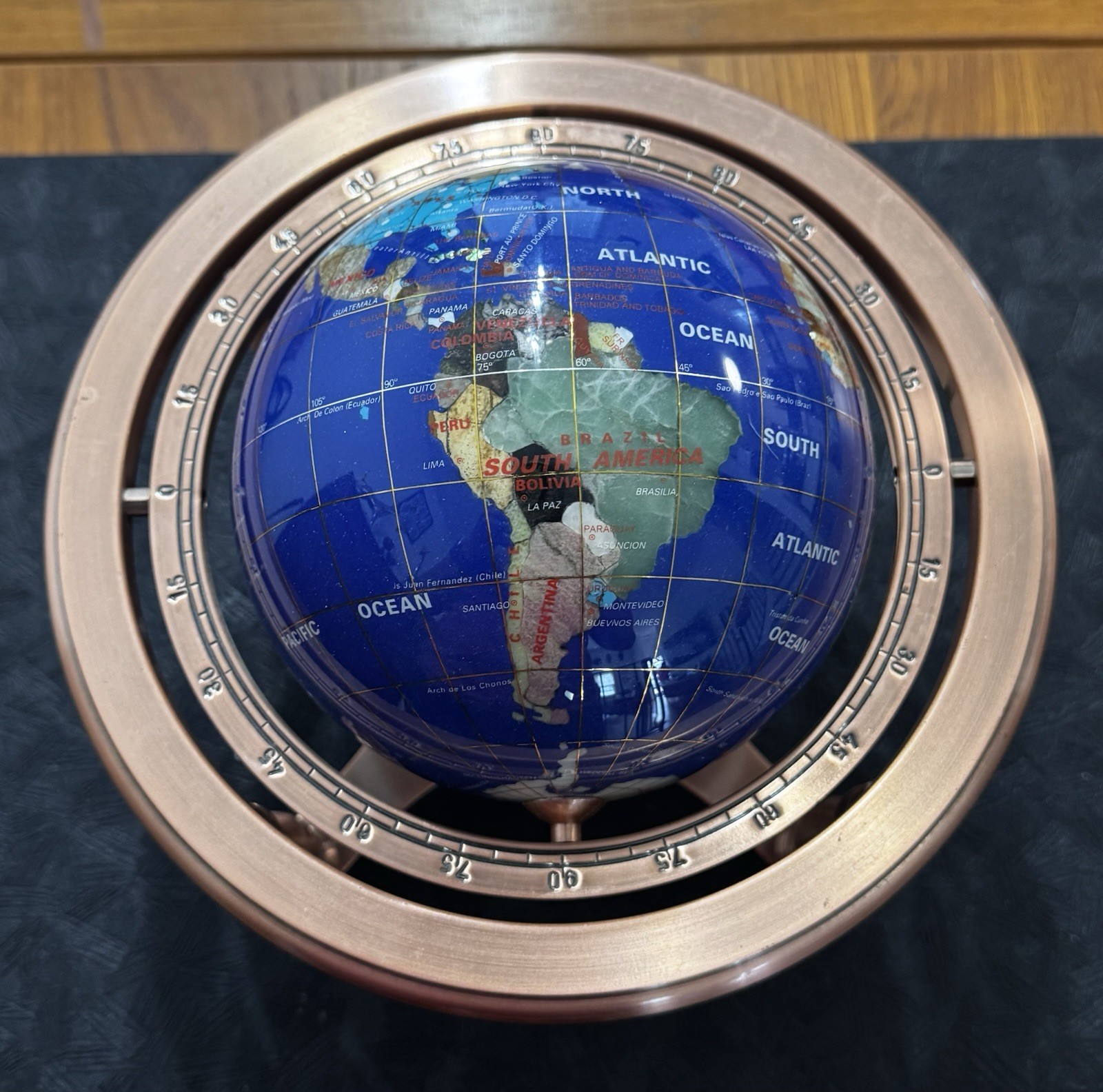 Semi-Precious Gemstone Globe 9” In Copper Tone Stand with Compass