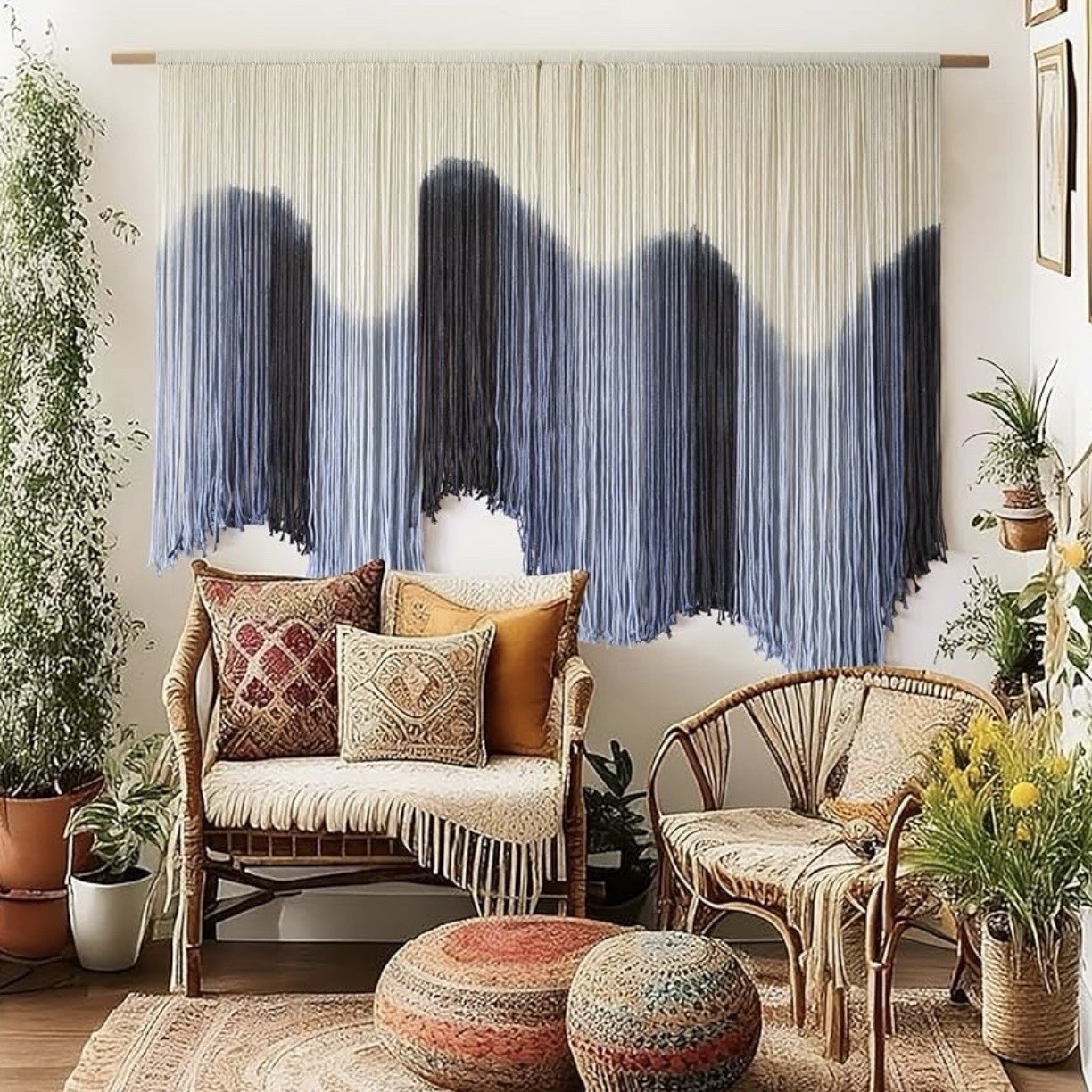 NEW Anthropologie XL Blue Dip Dyed Boho Tapestry Macrame Wall Hanging Art 57×40