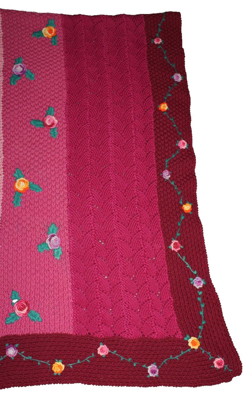 VTG handmade knitted afghan throw hand embroidered flowers 80″ x 52″ maroon pink