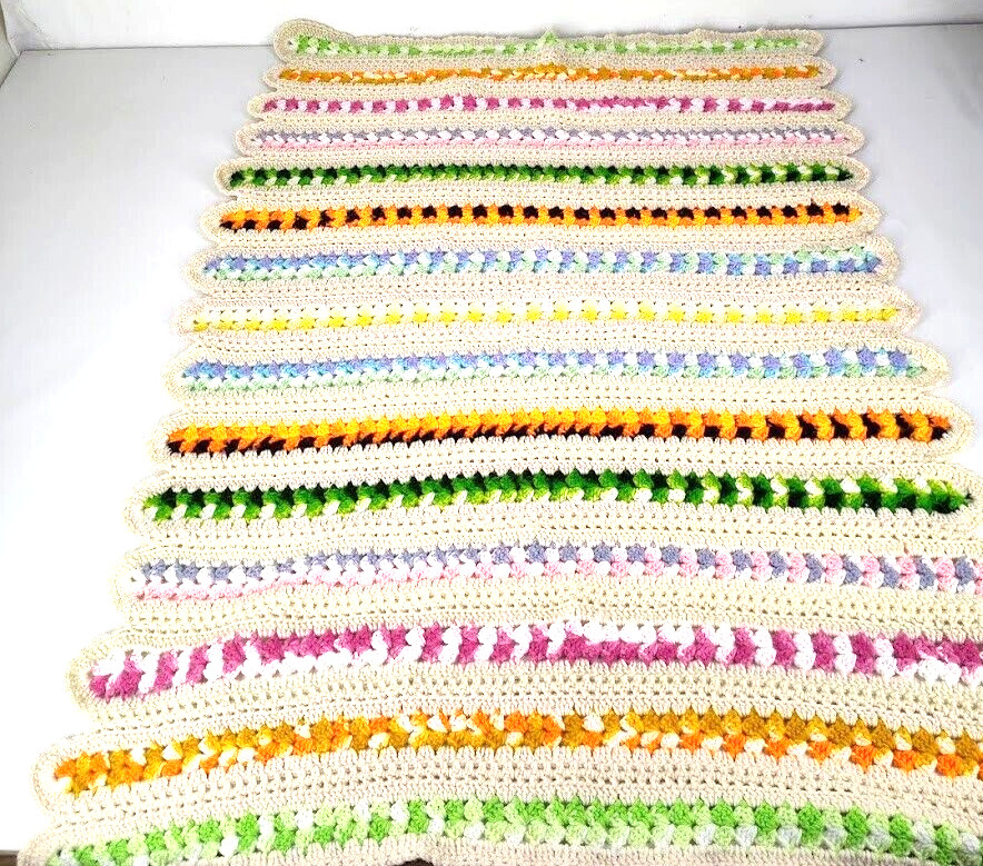 Vtg Handmade Knitted Crochet Afghan Striped Scalloped Edge Throw 50″ X 36″
