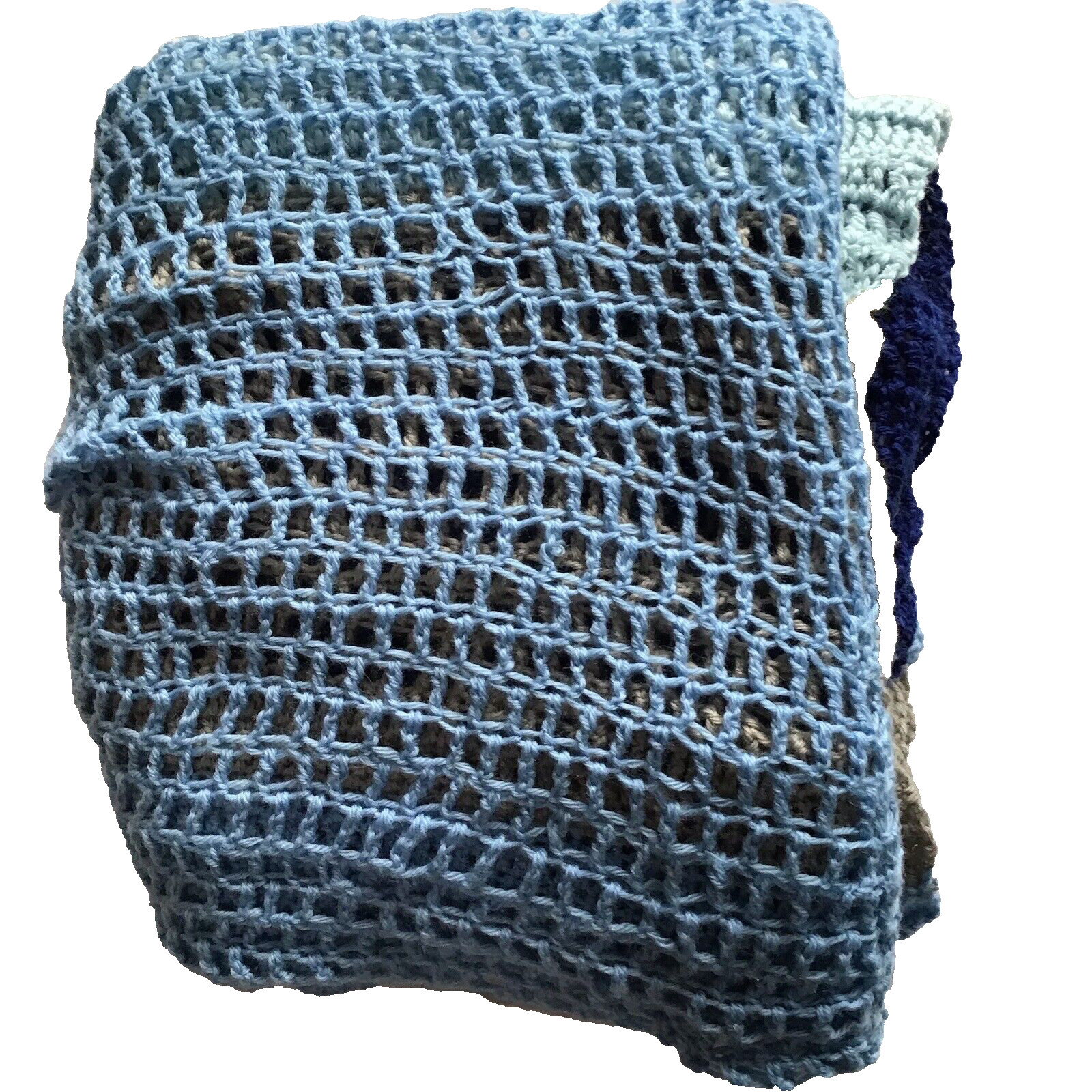 Throw Blanket Handmade Crochet 100% Wool Brown Blue Colorblock Striped Folk Art