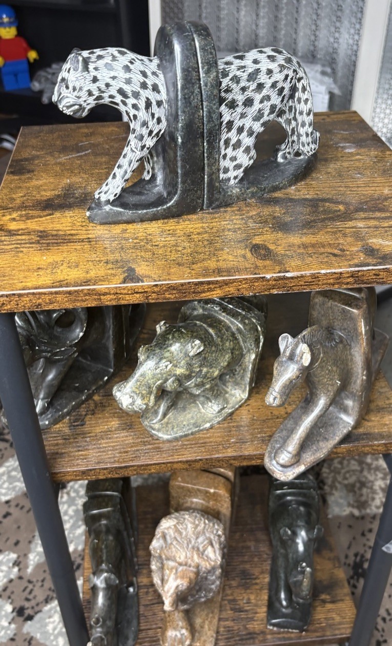 Pair of Vintage African Heavy Stone Cheetah Bookends Hand Carved 9in 3.25lb