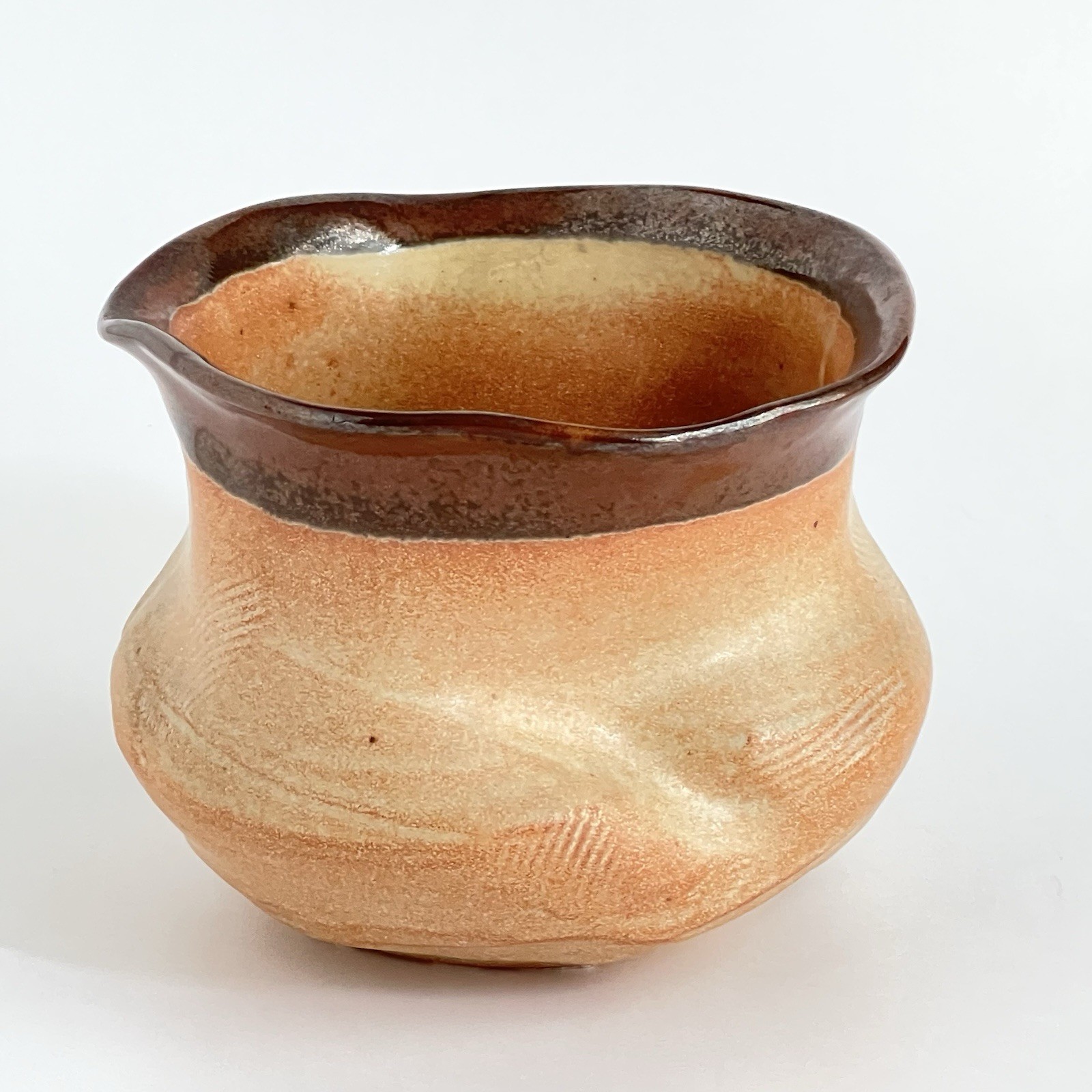 Art Pottery Vase Planter Brown Glazed Rim Textured Beige Orange Body Signed 4.5”