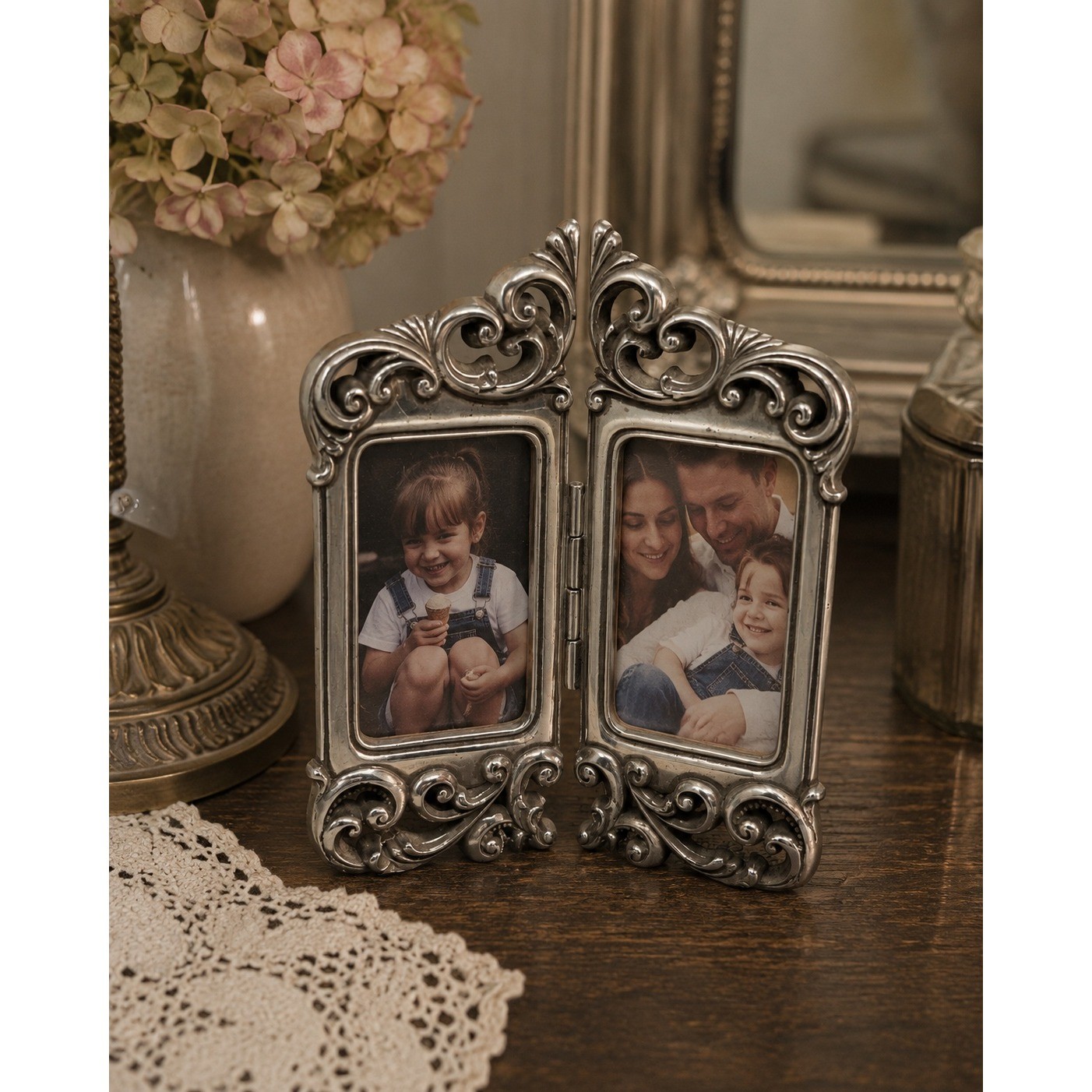 Vintage Brighton Silver Ornate Folding Double Picture Frame Rococo Scroll