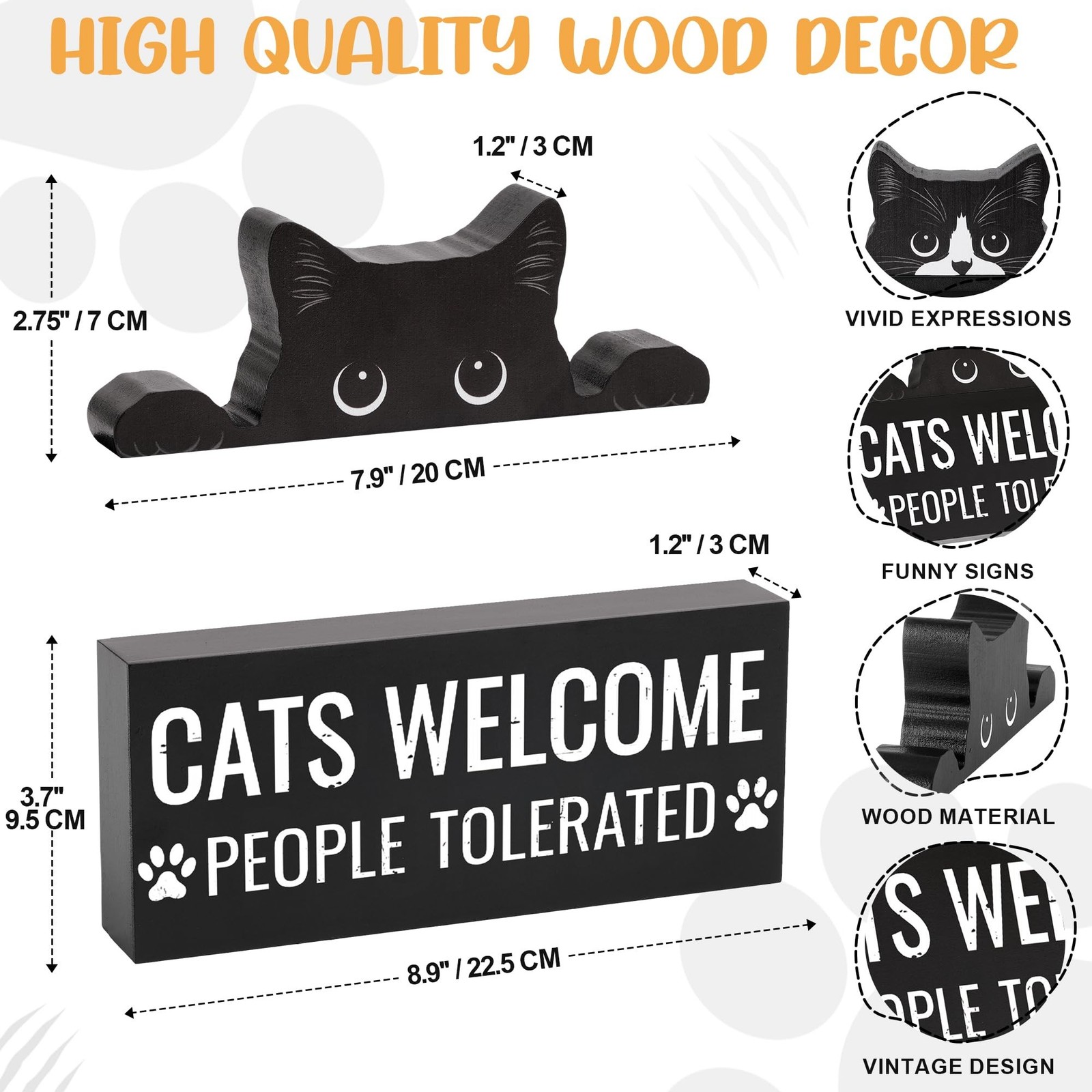 2 Pack Funny Cats Decor 9.1” × 3.9”, Wooden Cat Lover Gifts with Black &