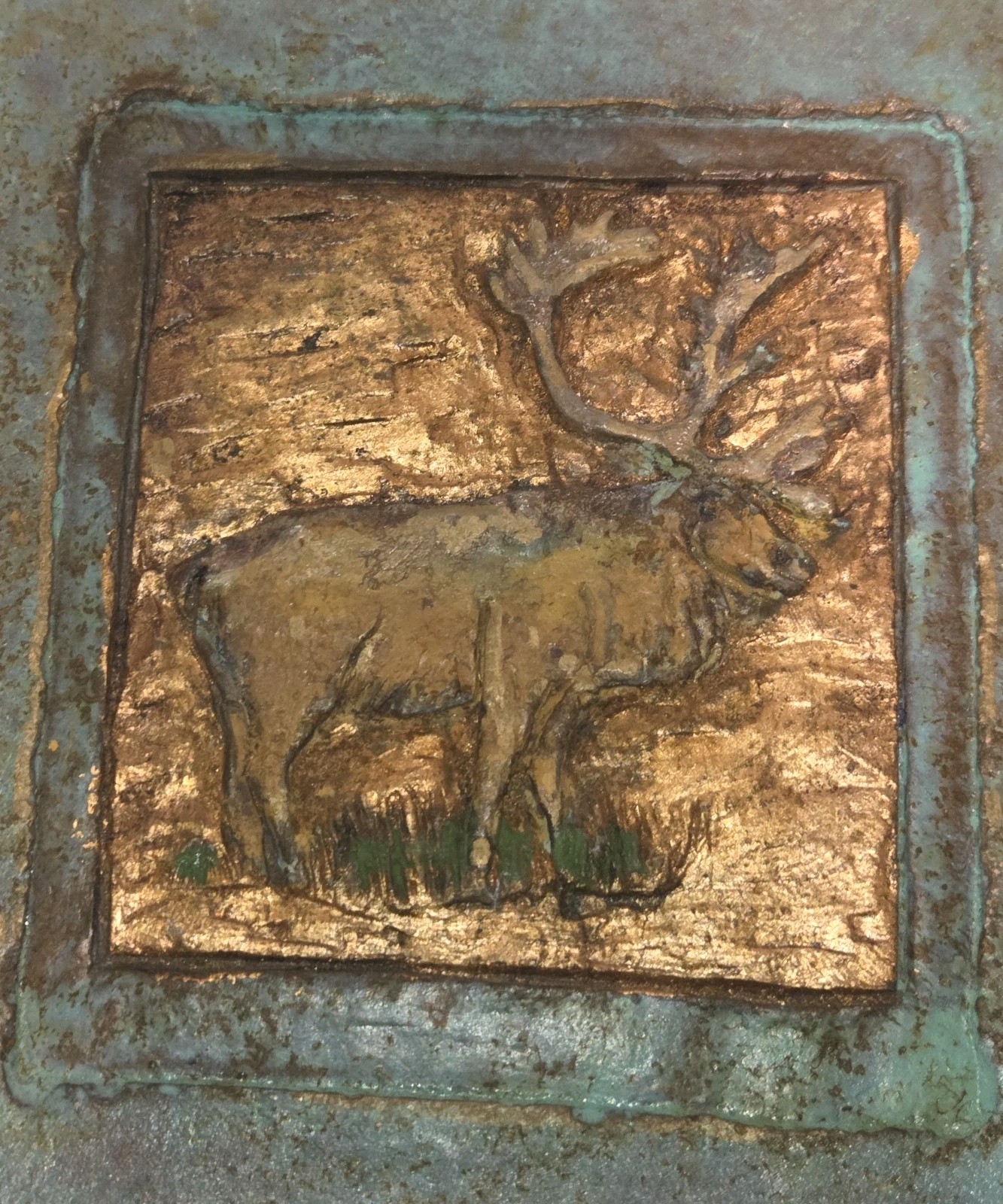 Jeanne Dana Cold Bronze Plaques Wall Art Salmon Caribou Elk Mixed Media 2 Pieces