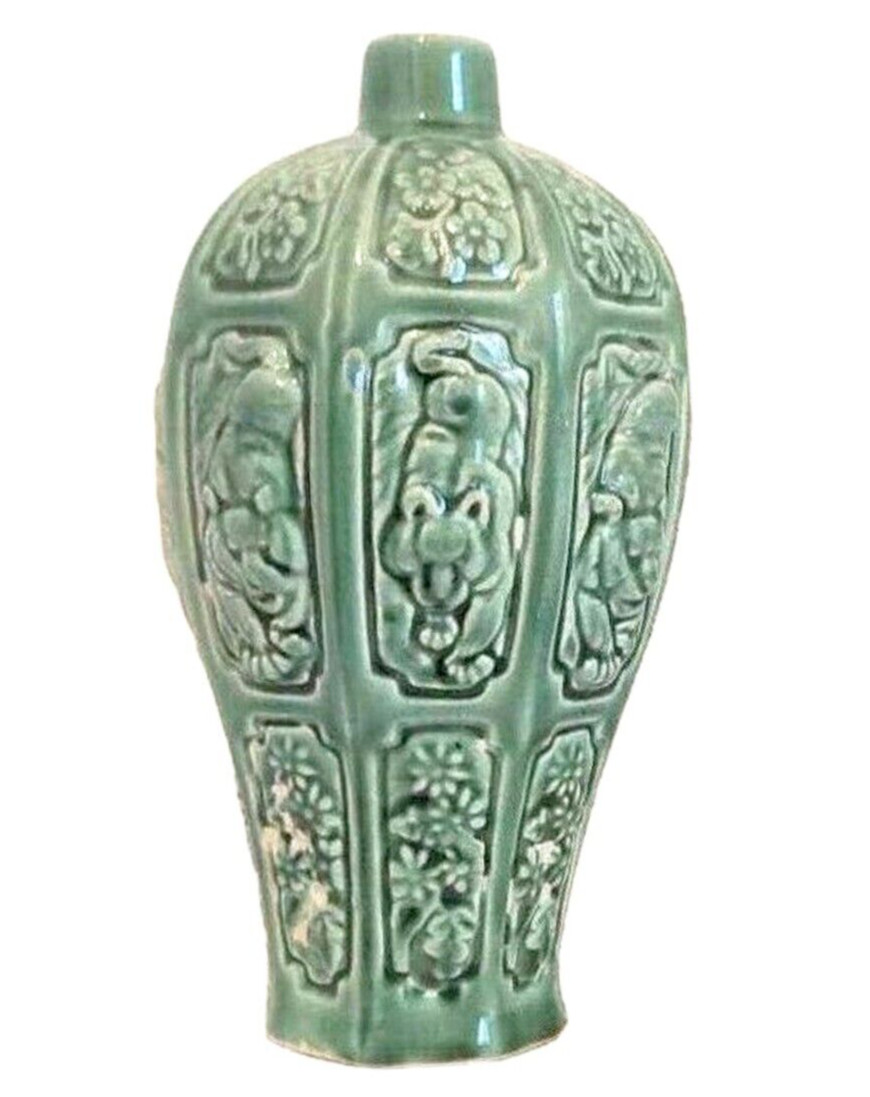 Celadon Green Glaze Majolica Porcelain Jug Relief Heavy Stalking Tigers Cork VTG