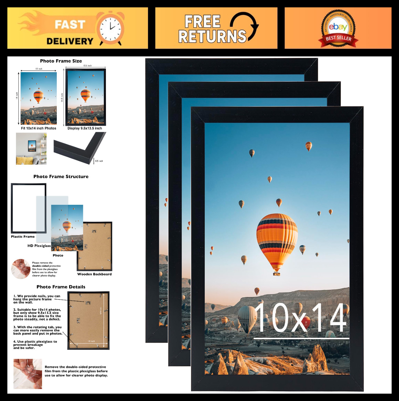 Set of 3 Black 10×14 Picture Frames for Diamond Painting & Wall Art – Mount Hori